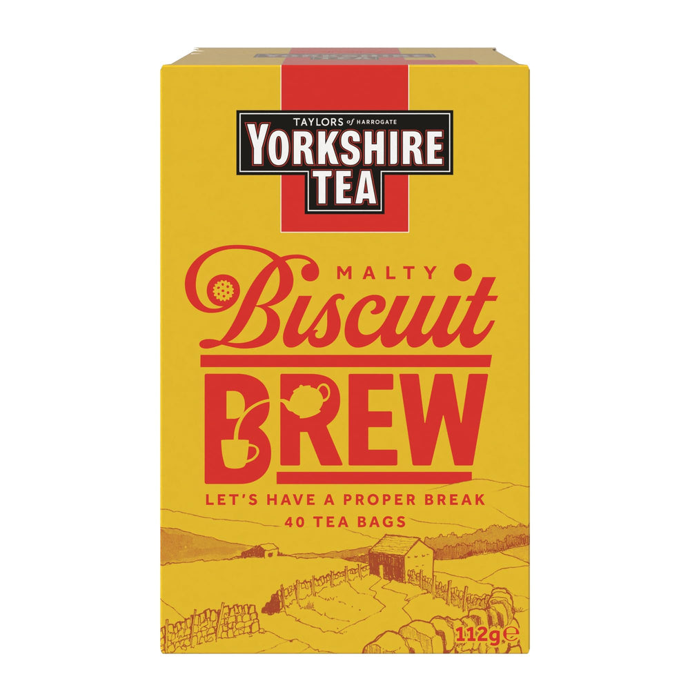 Yorkshire Tea Biscuit Brew tea bags in box, inviting cozy biscuit-flavor comfort.