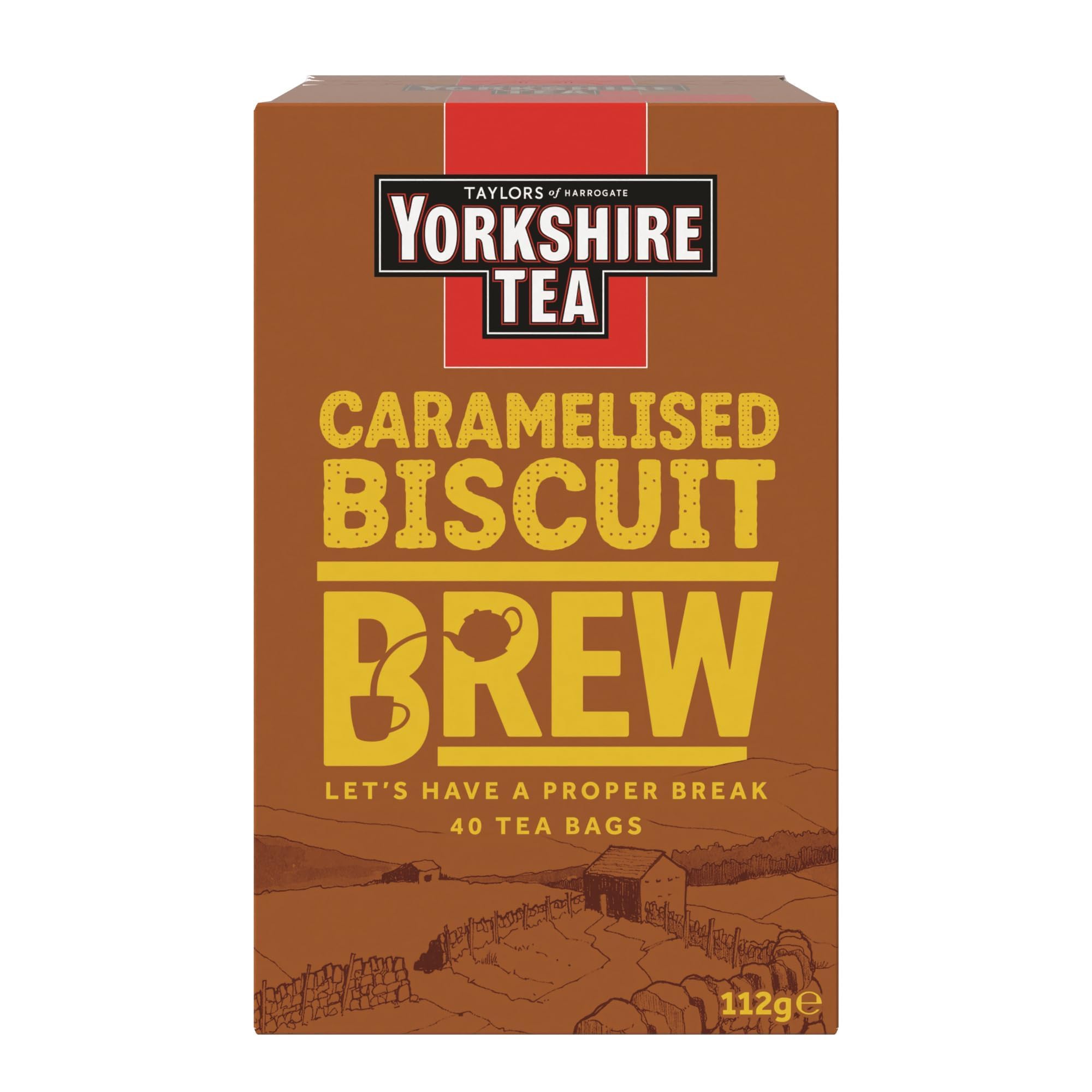 Yorkshire Tea Caramelised Biscuit Brew box front, inviting cozy ritual