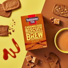 Yorkshire Tea Caramelised Biscuit Brew cup with steam, warm and comforting