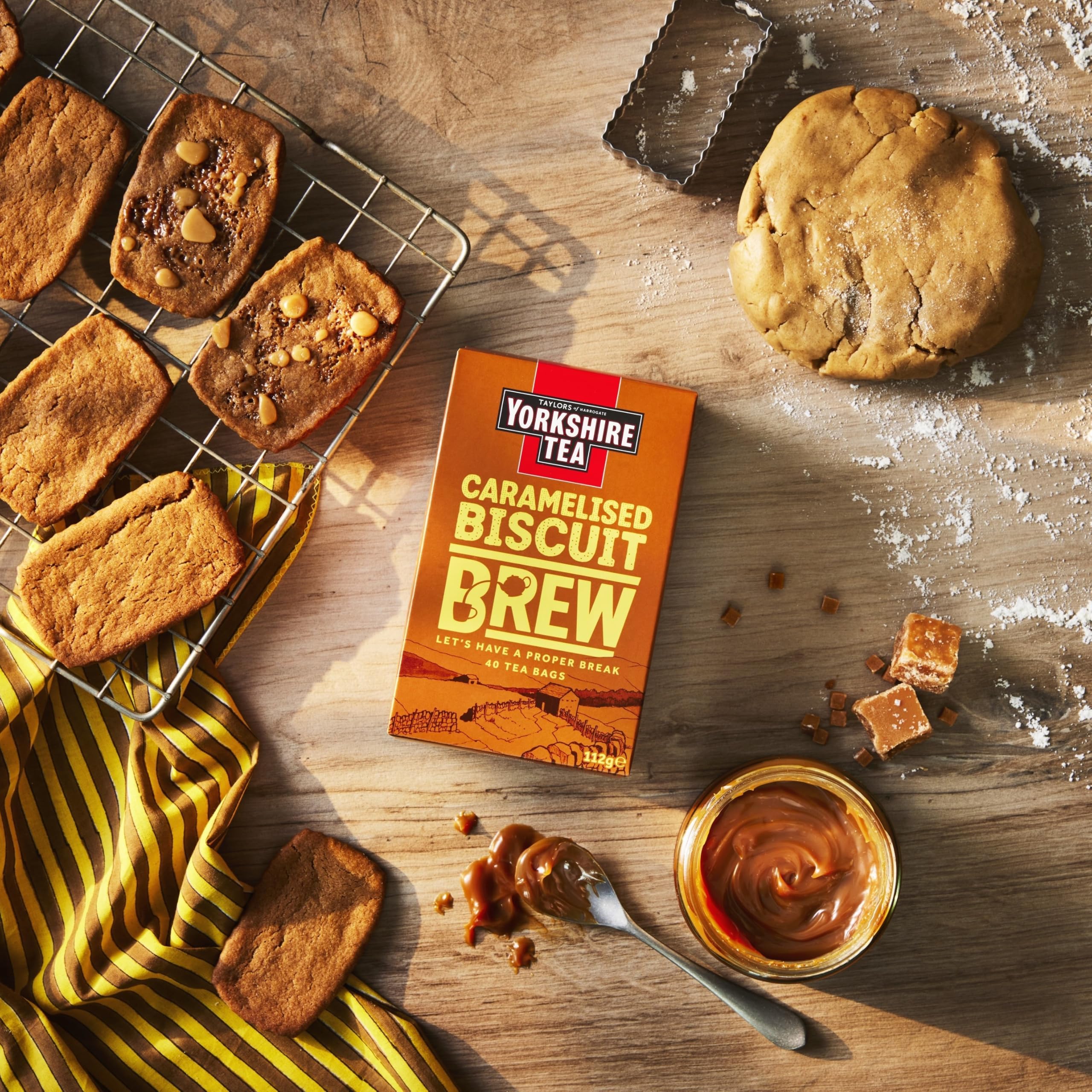 Yorkshire Tea Caramelised Biscuit Brew tea bags closeup showing rich caramel notes