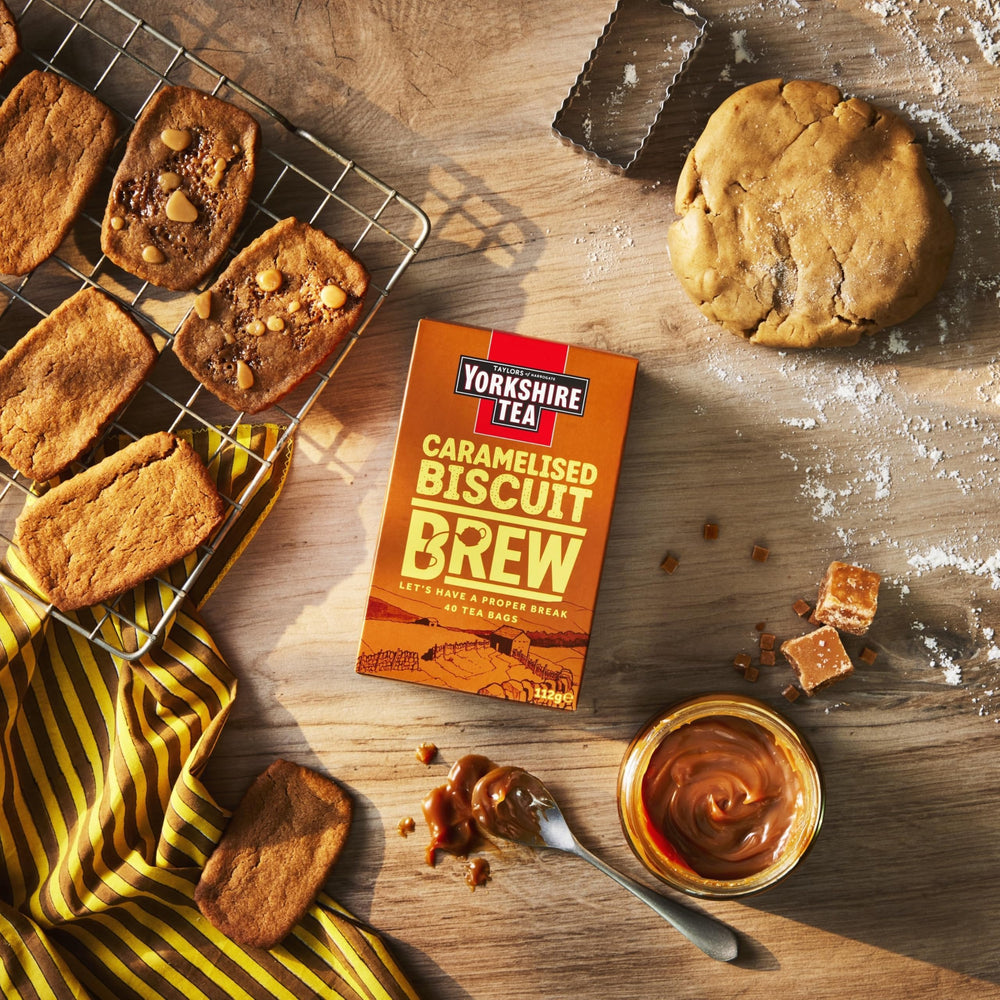 Yorkshire Tea Caramelised Biscuit Brew tea bags closeup showing rich caramel notes