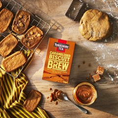 Yorkshire Tea Caramelised Biscuit Brew tea bags closeup showing rich caramel notes