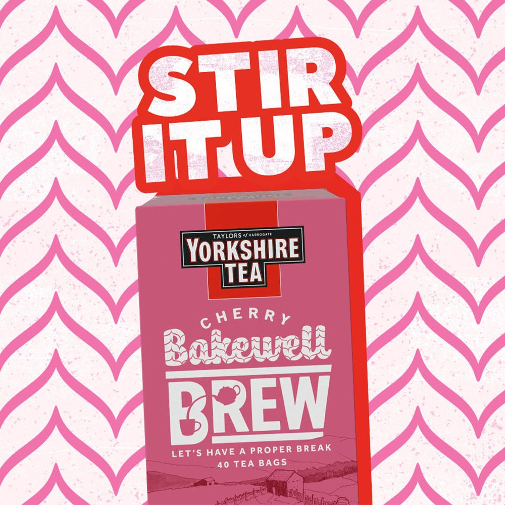 Yorkshire Tea Cherry Bakewell Brew tea bags ready to brew a comforting, cake-inspired cup