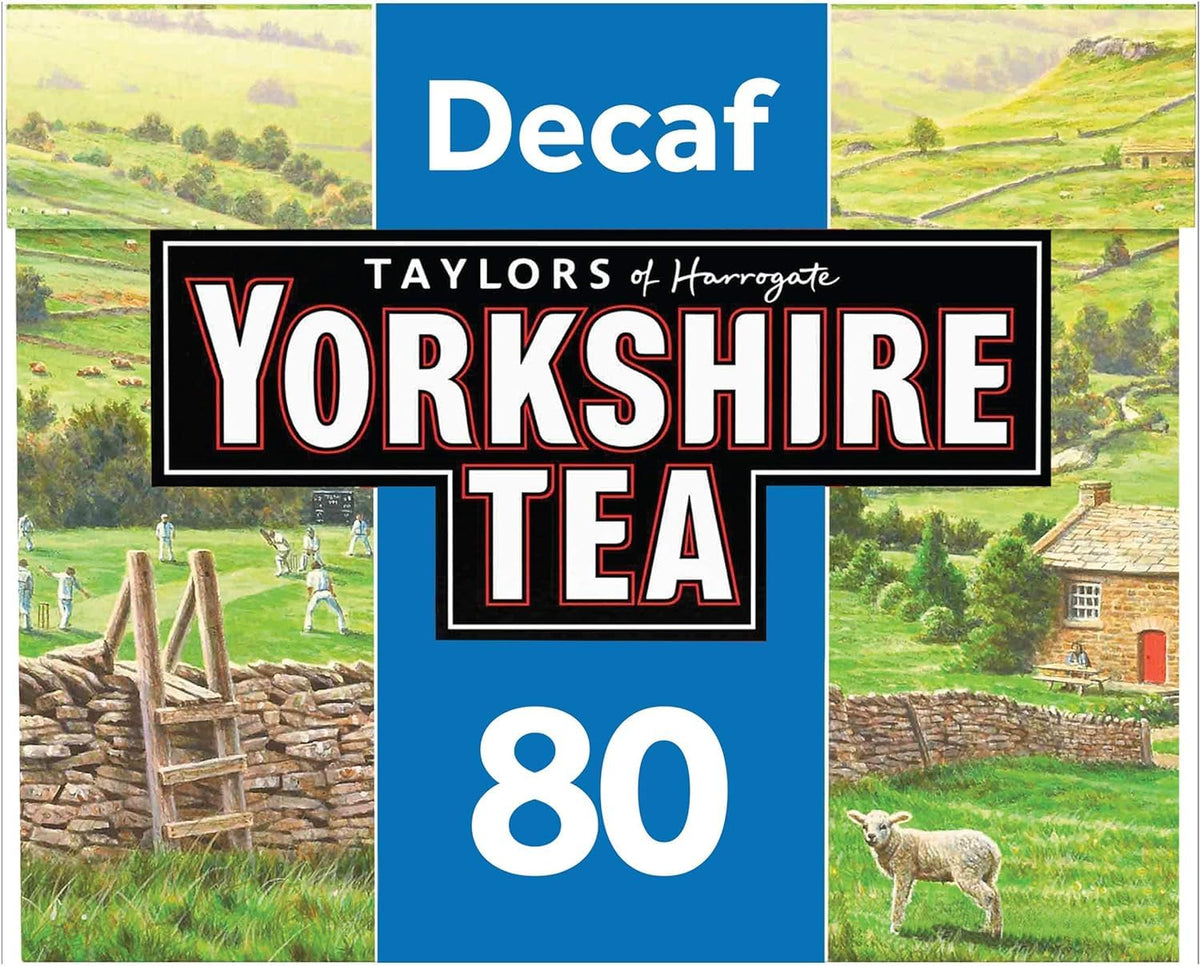 Yorkshire Tea Decaf 80-tea-bags pack front showing classic packaging for a relaxing cuppa