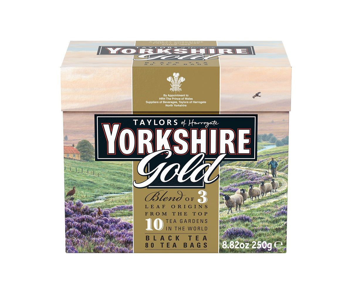 Yorkshire Tea Gold pillow tea bags, premium blend for a rich, smooth breakfast cup.