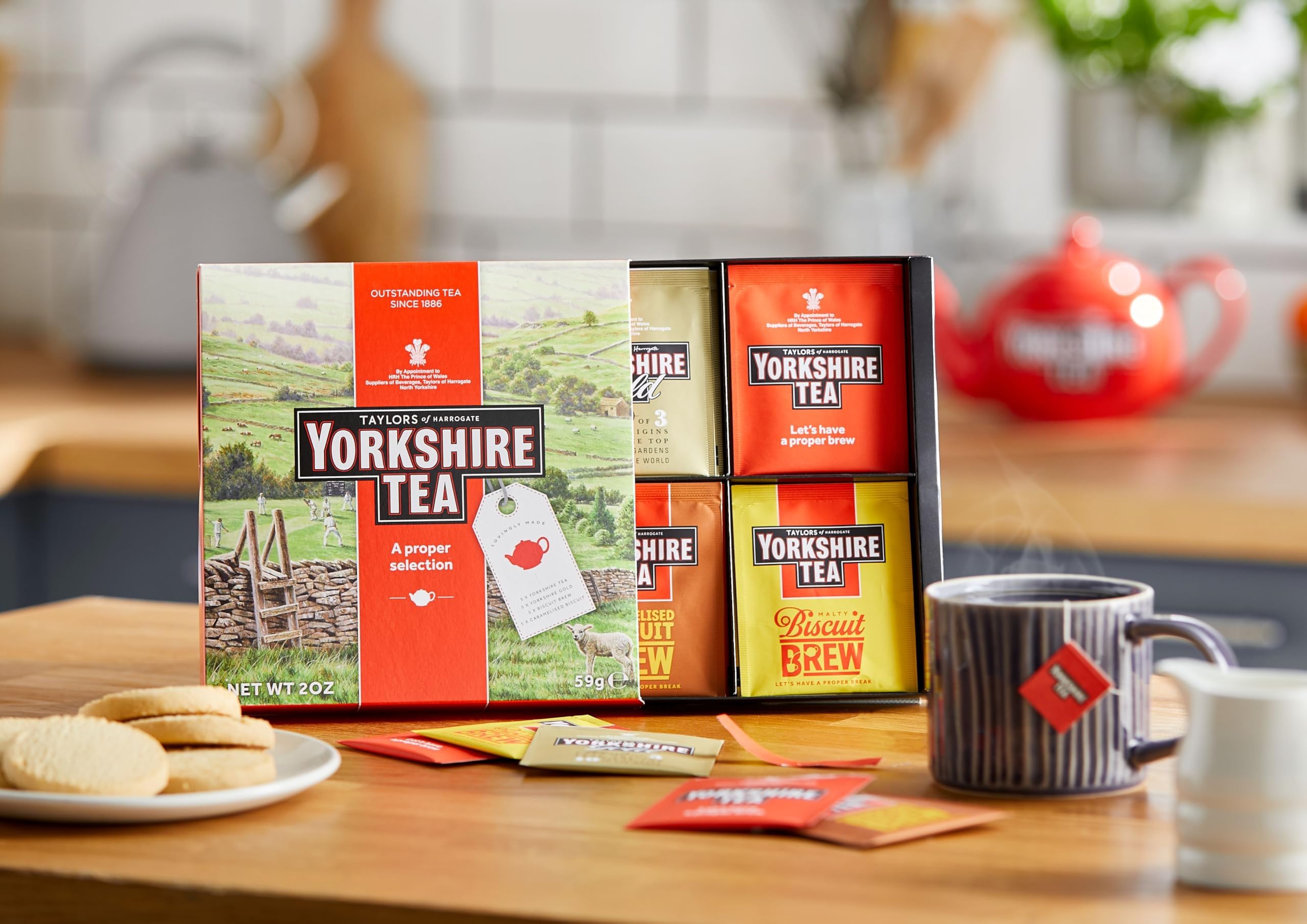 Yorkshire Tea individually wrapped bags highlighting easy hot or iced brewing in the office.
