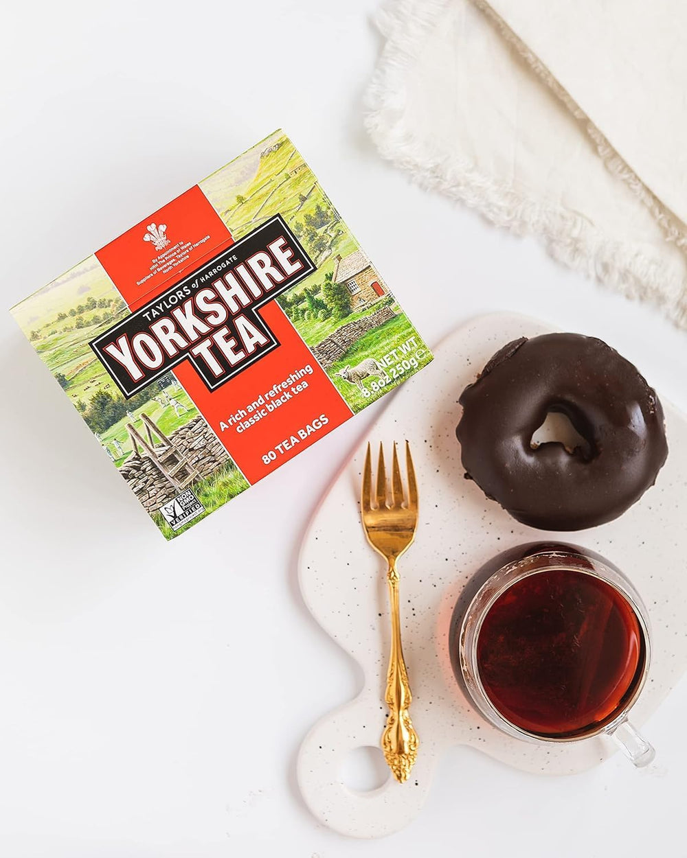 Yorkshire Tea packet and setup hinting at convenient 80-bag pack