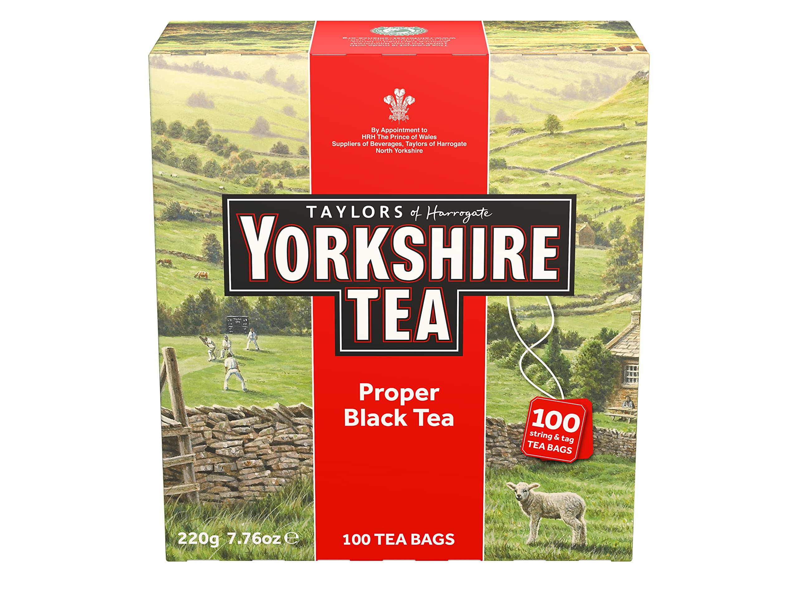 Yorkshire Tea red label tea bags packaging for a robust breakfast brew.