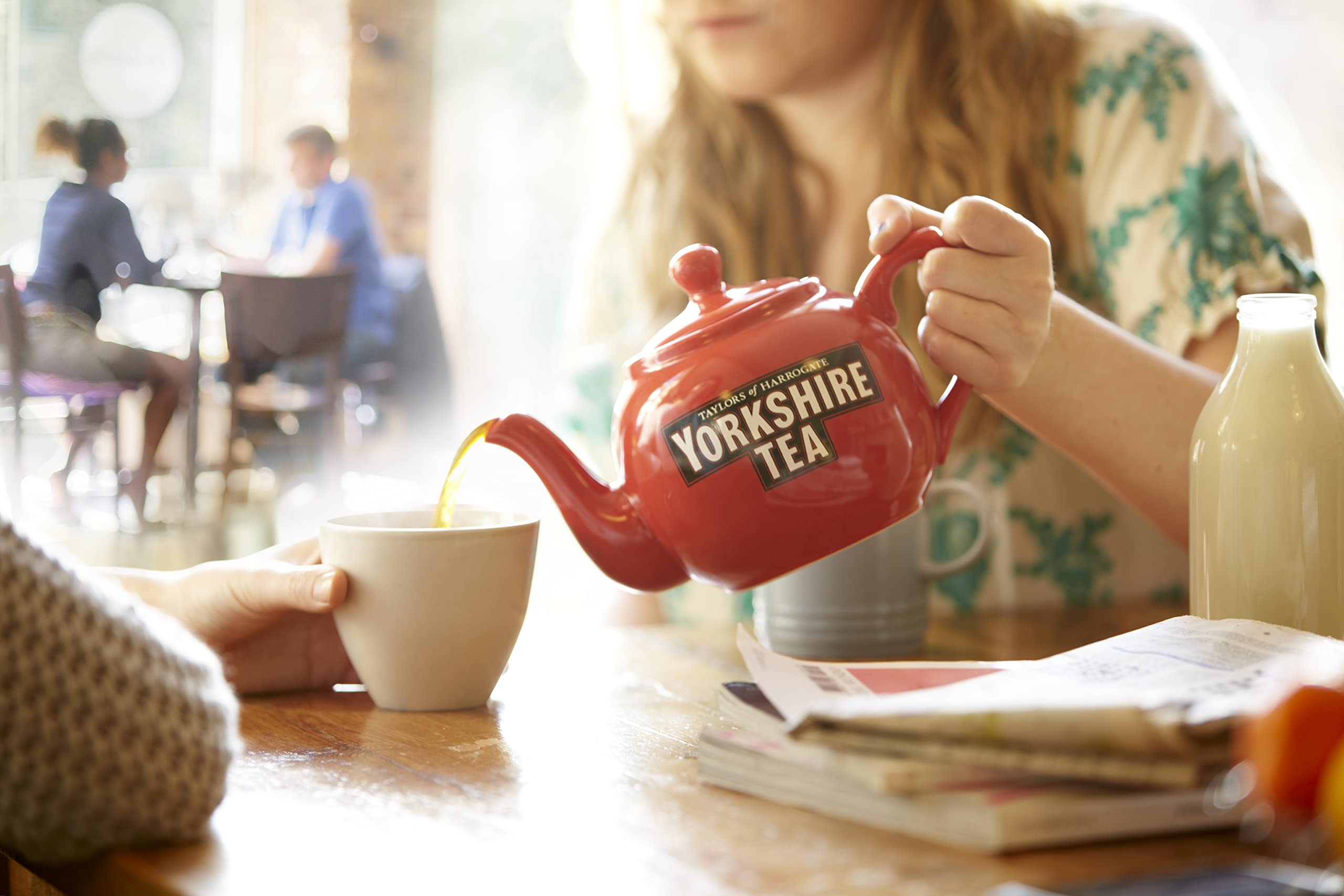Yorkshire Tea bag with string tag ready for hot or iced tea.