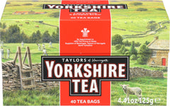 Yorkshire Tea tea bags in a box, ready for a reliable morning brew.