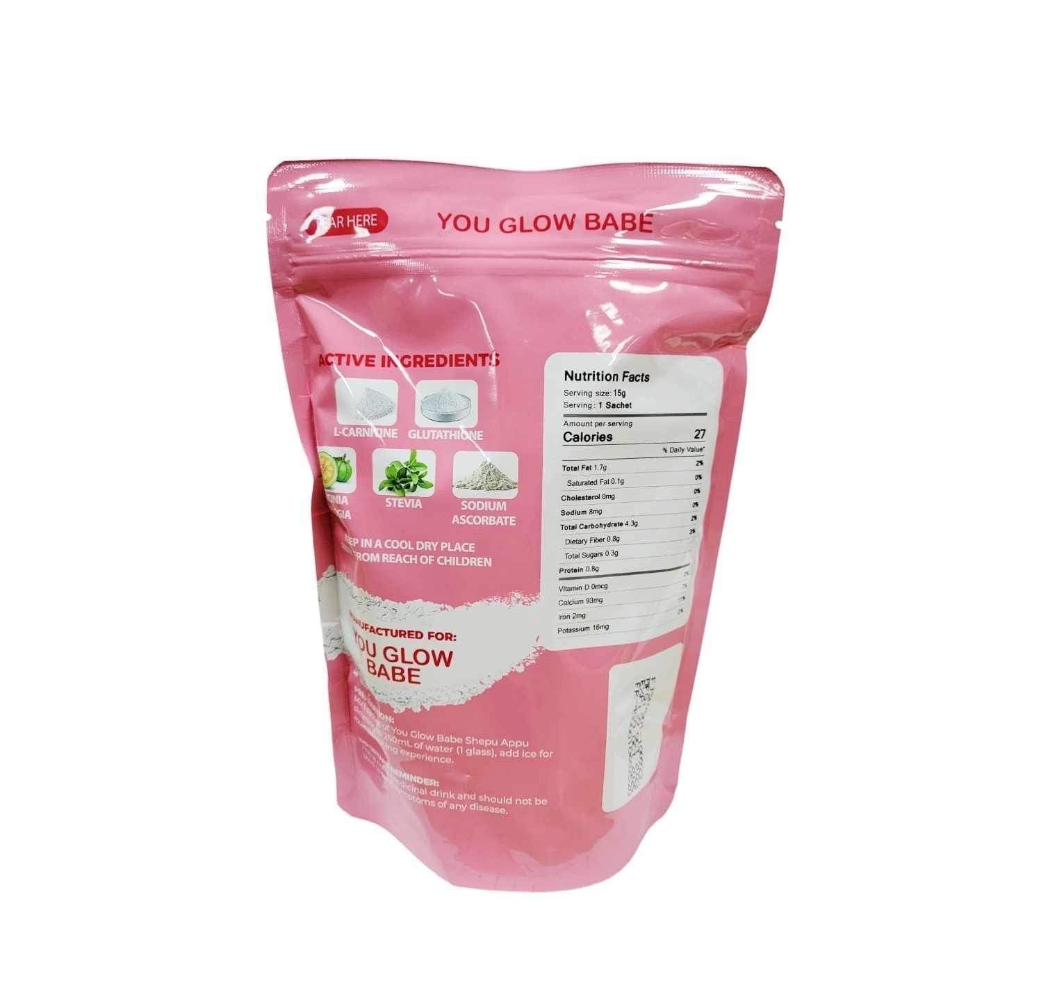 Close-up of You Glow Babe Shepu Appu Juice sachet for quick mixing.