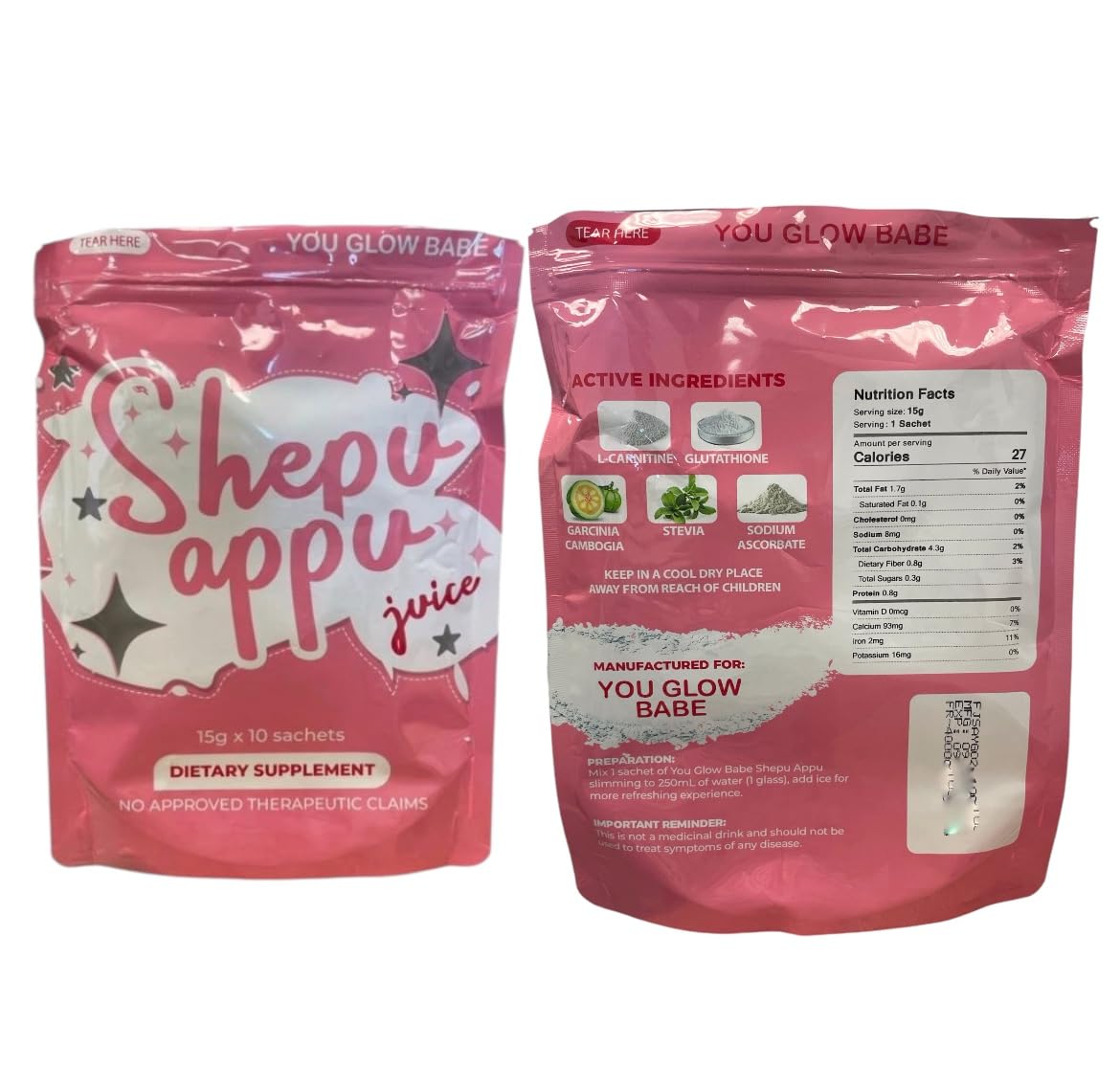Tray of You Glow Babe Shepu Appu Juice sachets for easy prep.