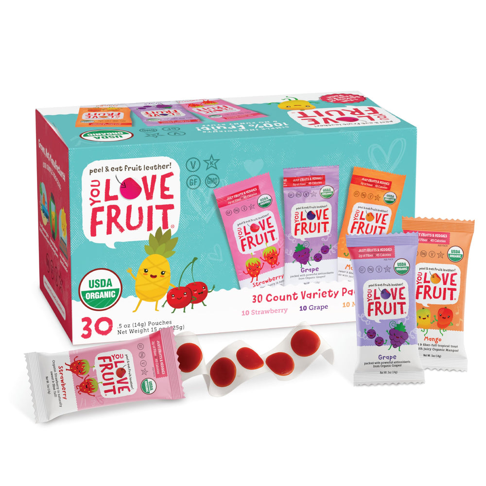 You Love Fruit variety pack display showing three flavors, gluten-free and vegan