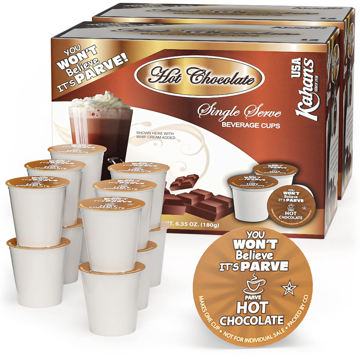 You Wont Believe its Parve hot chocolate cups pack front, dairy-free and ready to brew.
