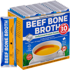 YounGlo Research bone broth beef protein travel stick pack on counter for on the go nutrition