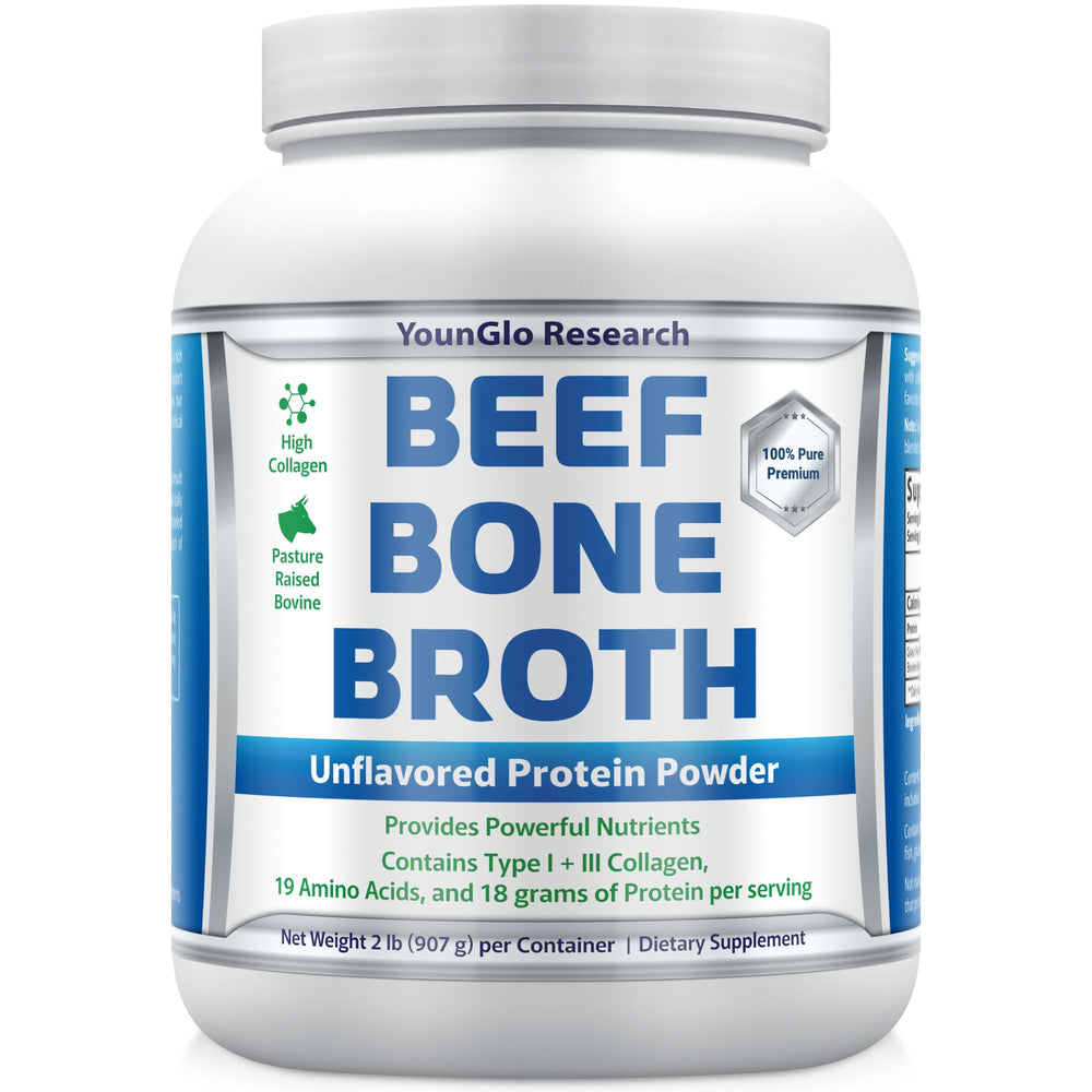 YounGlo Research bone broth powder canister dissolves easily into hot soups