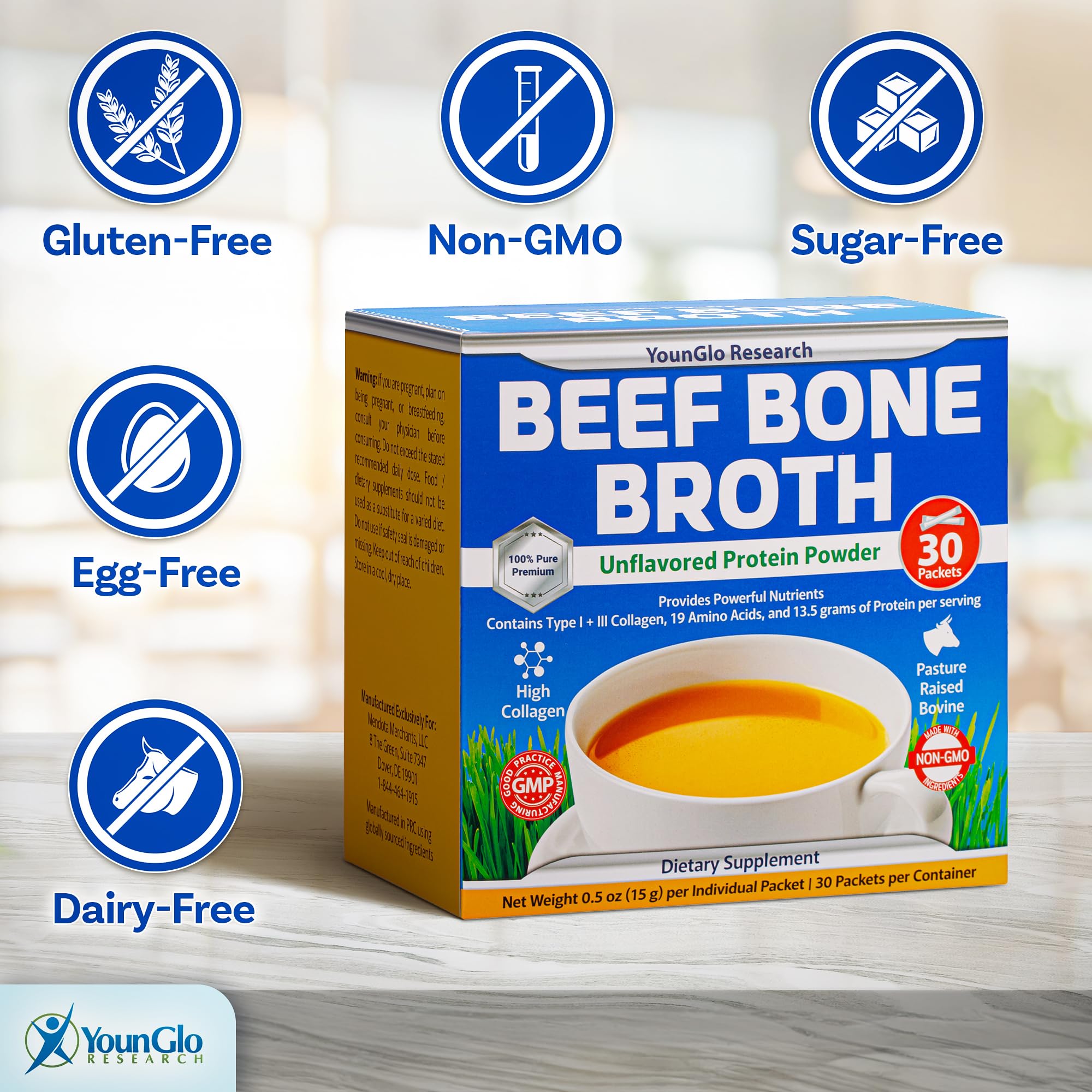 GMP certified seal and allergen free claims on packaging