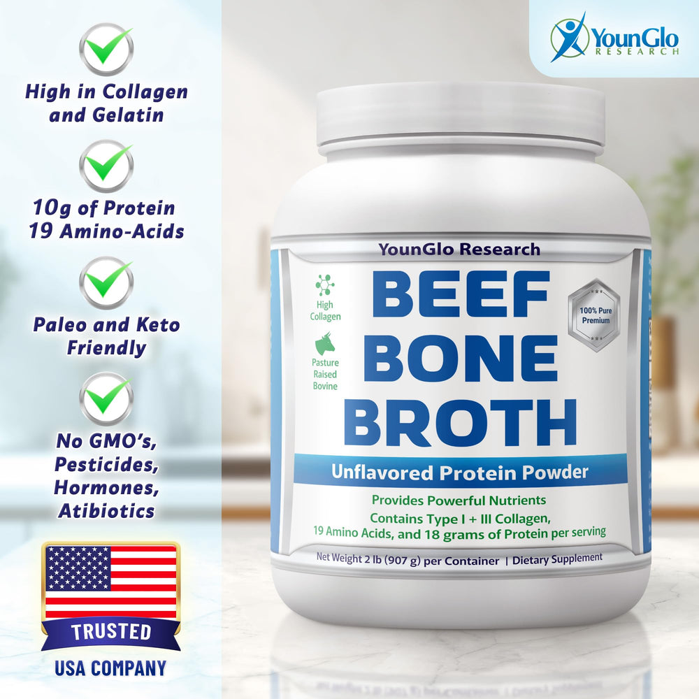 Unflavored bone broth powder from YounGlo Research blends into coffee and shakes