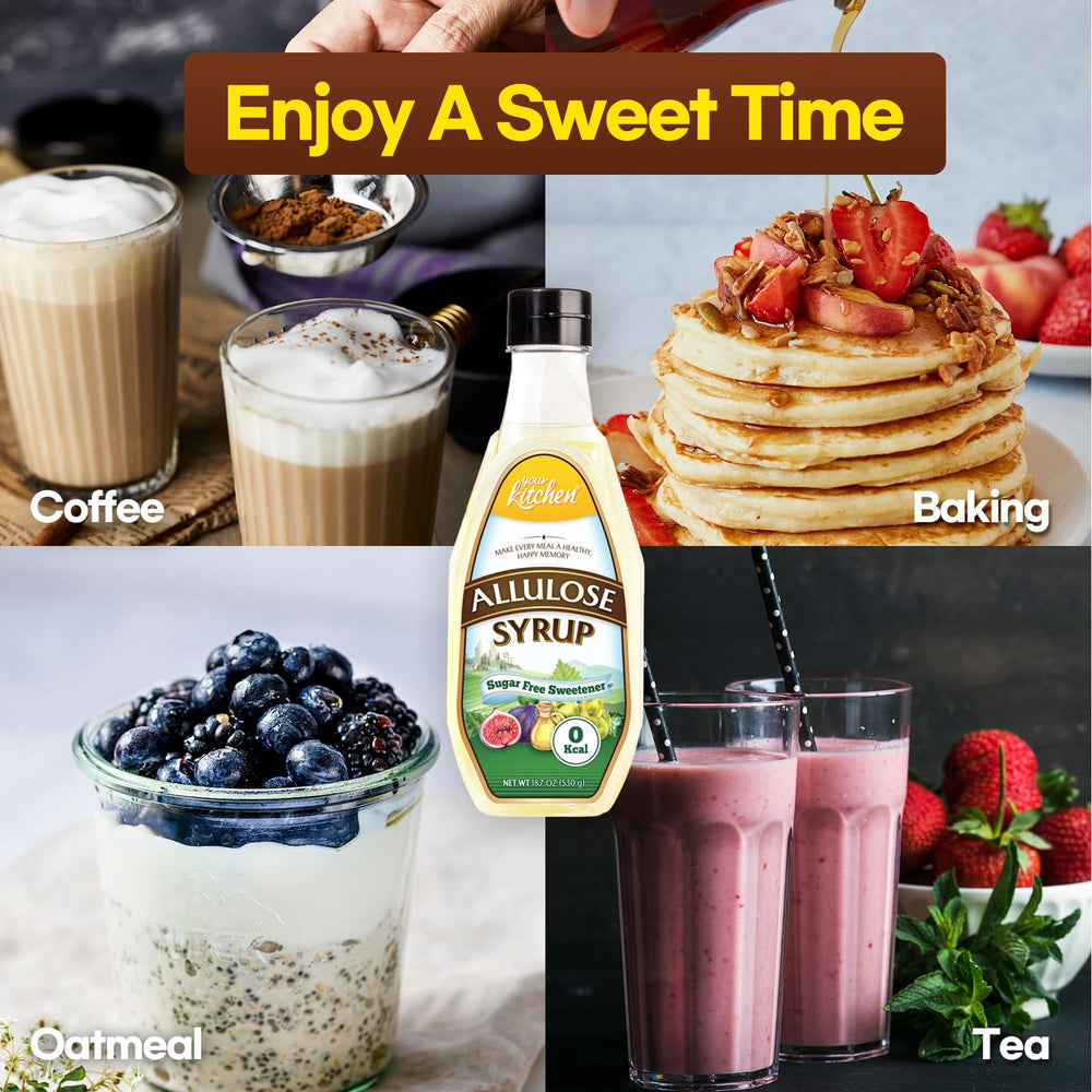 Your Kitchen Allulose Syrup bottle with a recipe card shows adaptable, low-calorie sweetness.