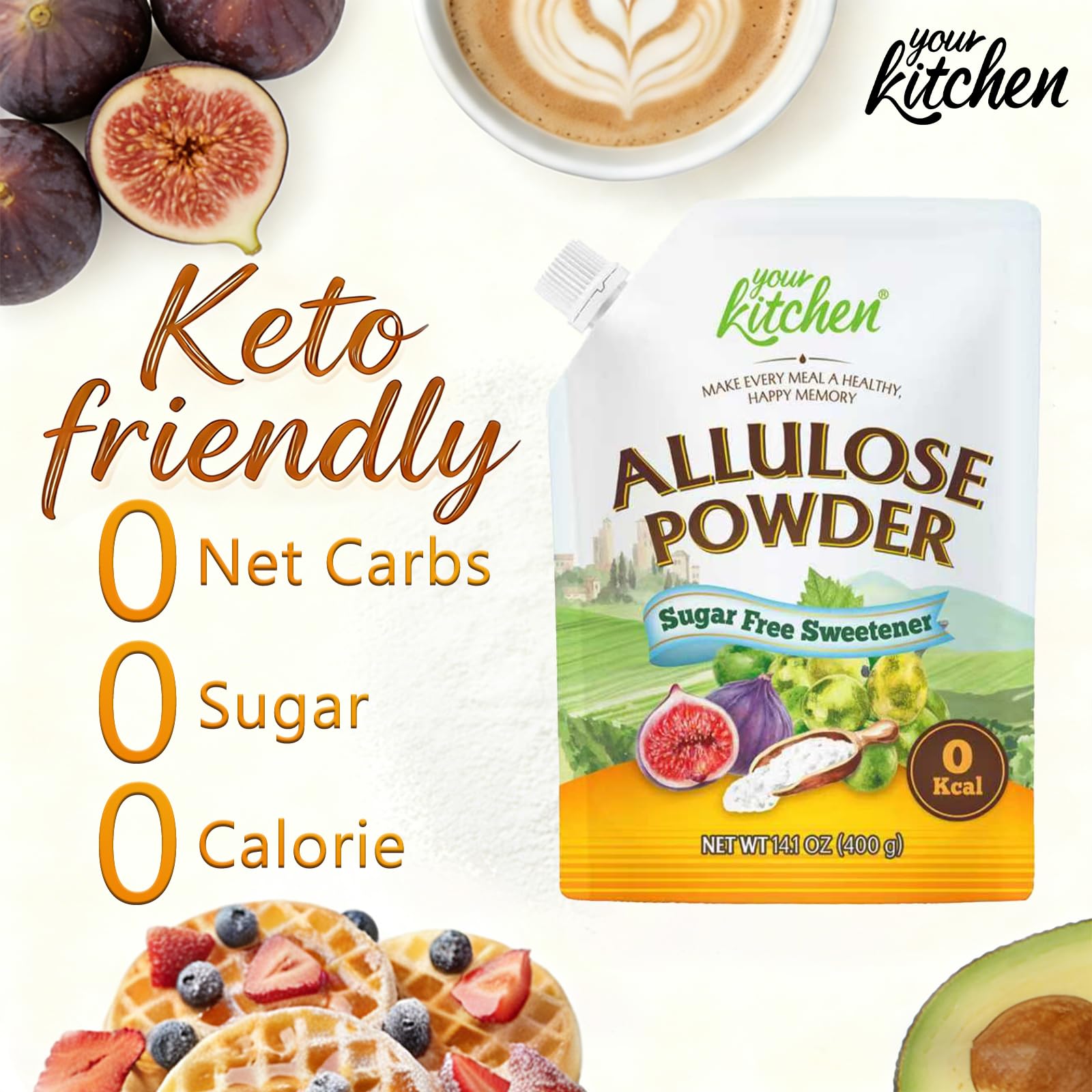 Your Kitchen Keto Allulose Powdered Sugar twist-cap packaging highlighting resealable convenience.