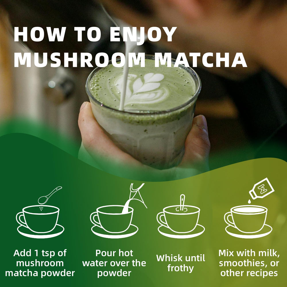 YoYoJo mushroom matcha bottle label highlighting premium ceremonial-grade blend