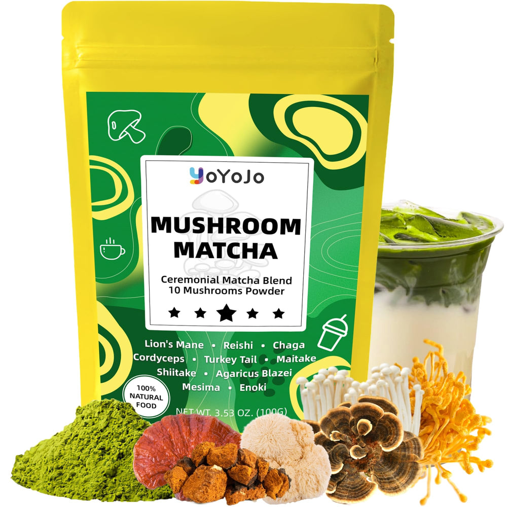 YoYoJo Mushroom Matcha powder tin with 10-mushroom blend for energy and focus