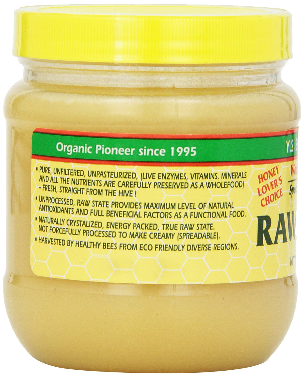 YS Eco Bee Farms healthy honey raw label – unprocessed look, perfect for daily use.