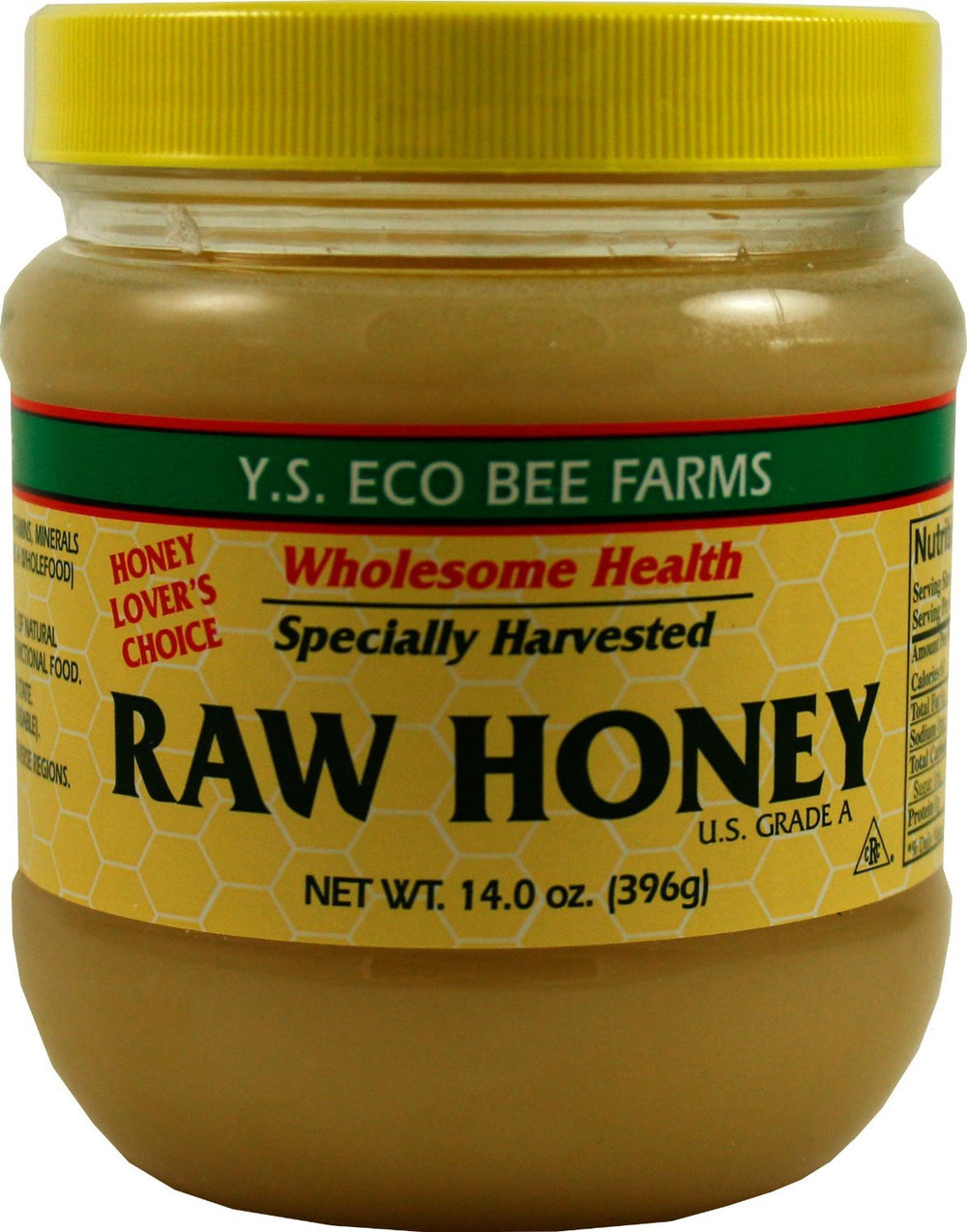 YS Eco Bee Farms raw honey 14 oz pack image shows unfiltered sweetness.