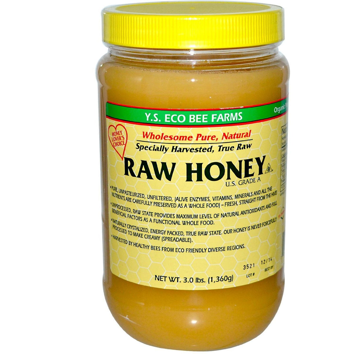 Y.S. Eco Bee Farms raw honey jar pouring for natural sweetness and energy