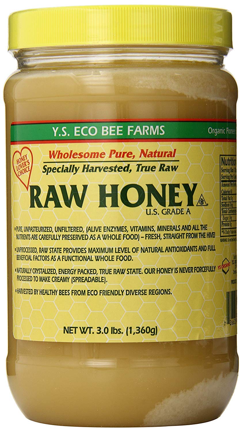 YS Eco Bee Farms RAW HONEY jar shows rich amber color and unfiltered freshness