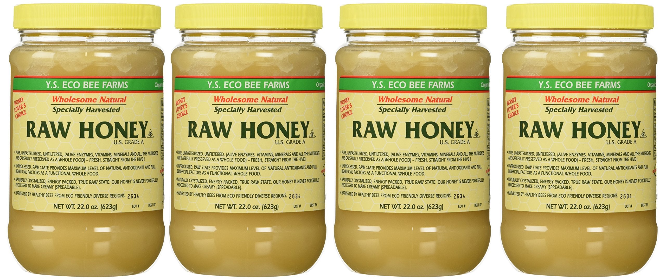 YS Royal Jelly Honey Bee raw honey jar close-up showing rich amber color for everyday sweetness.