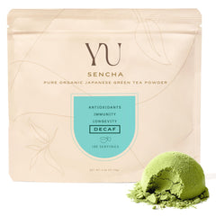 Yu Tea decaf sencha powder packaging shows the resealable pouch for fresh flavor.