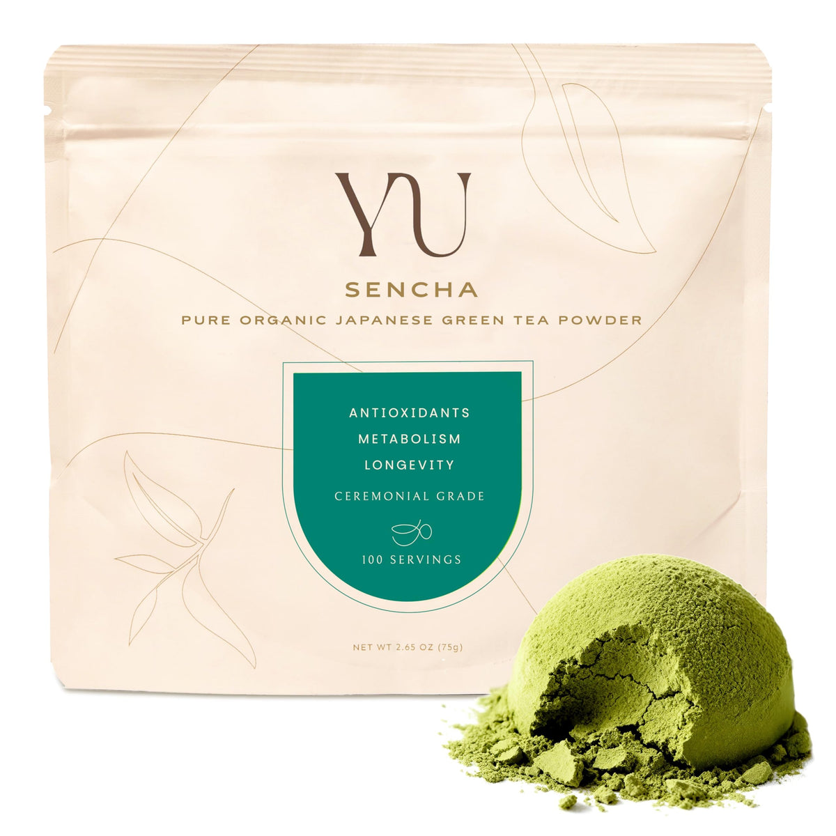 Yu Tea Organic Sencha powder close-up of first-harvest leaves for rich flavor and antioxidants.