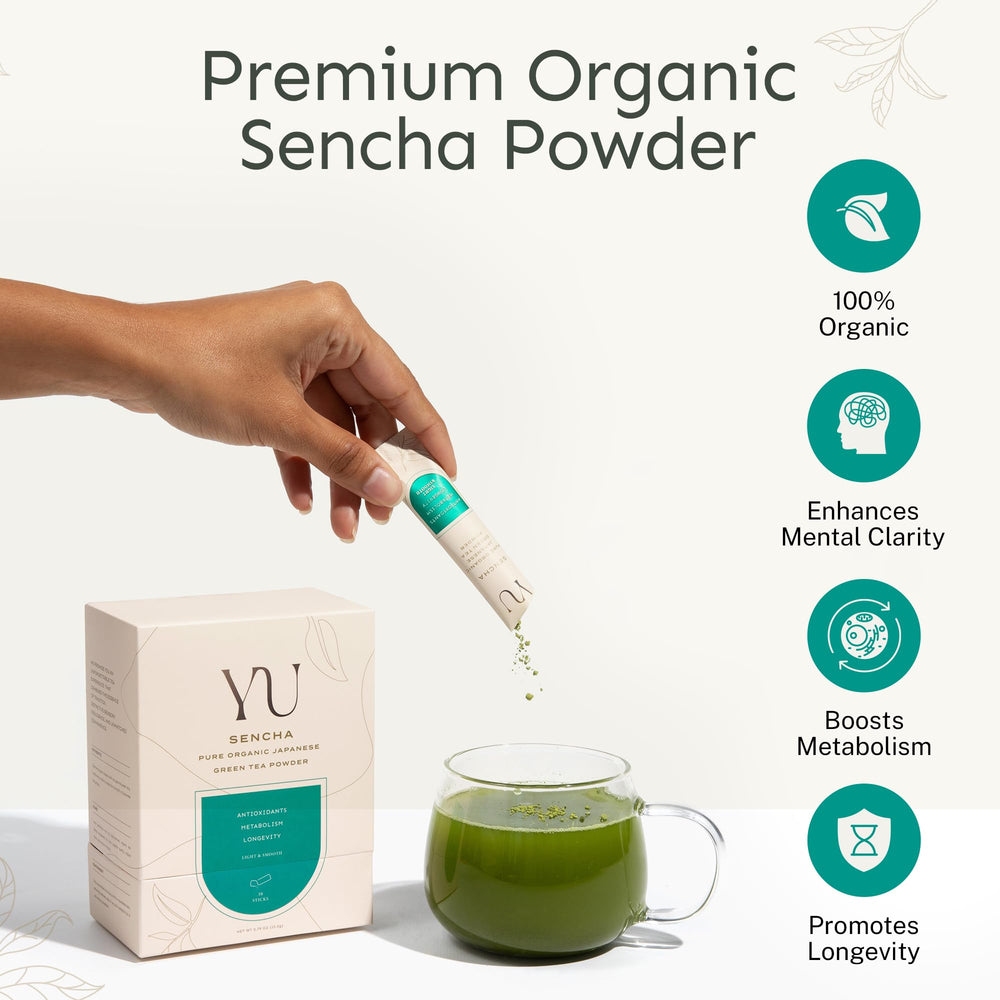 Yu Tea Sencha powder in resealable pouch preserving freshness and convenience.