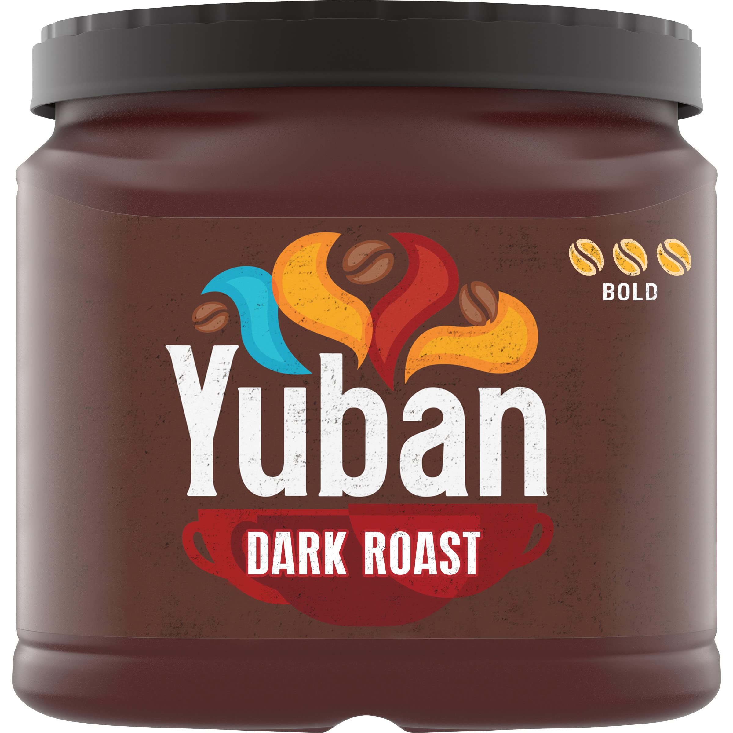 Yuban Dark Roast canister front view showing bold packaging for rich morning coffee