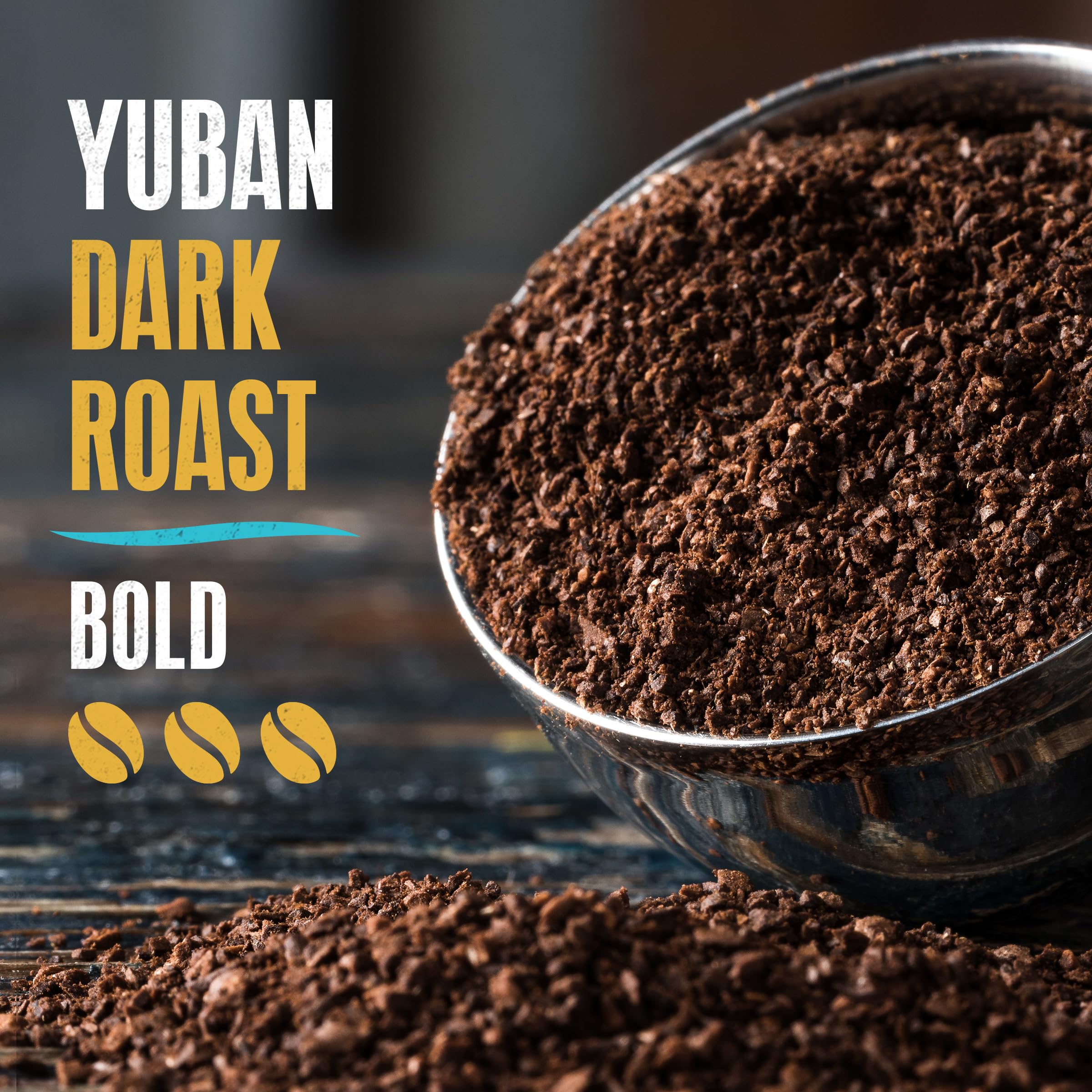 Yuban Dark Roast coffee beans close-up ready for grinding