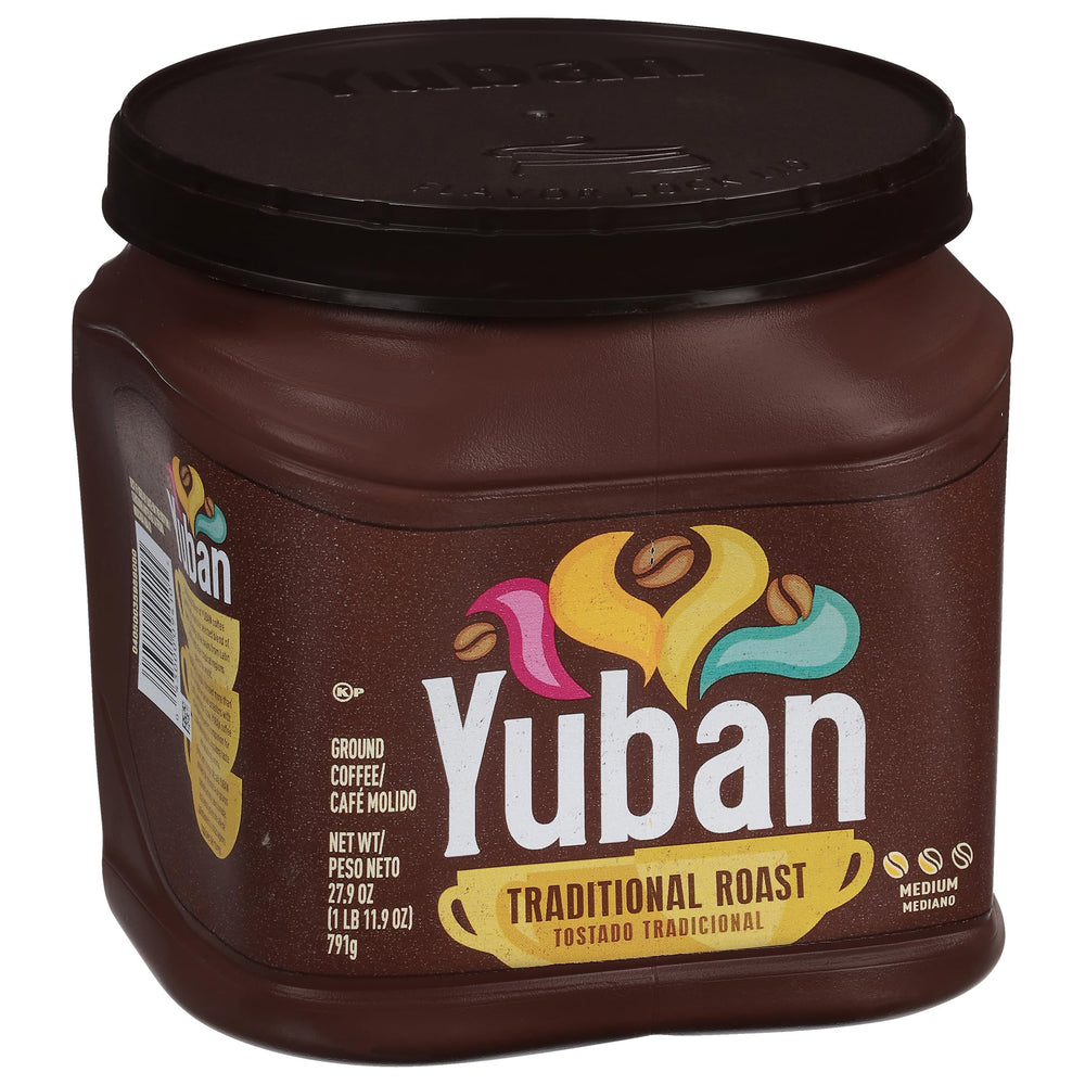 Yuban Traditional Medium Roast Ground Coffee being poured from the canister