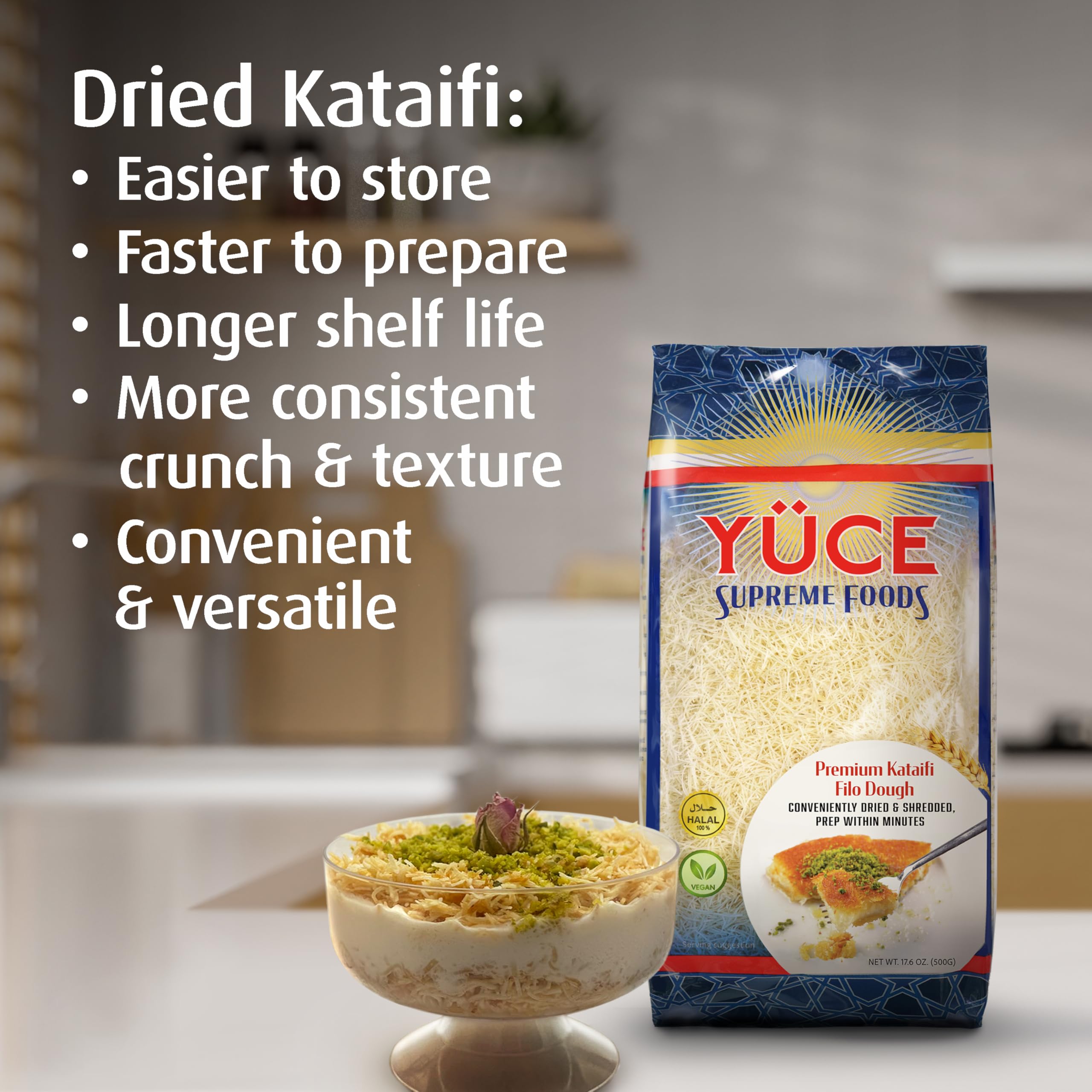 Dubai pistachio chocolate bar topped with YÜCE kataifi for texture.