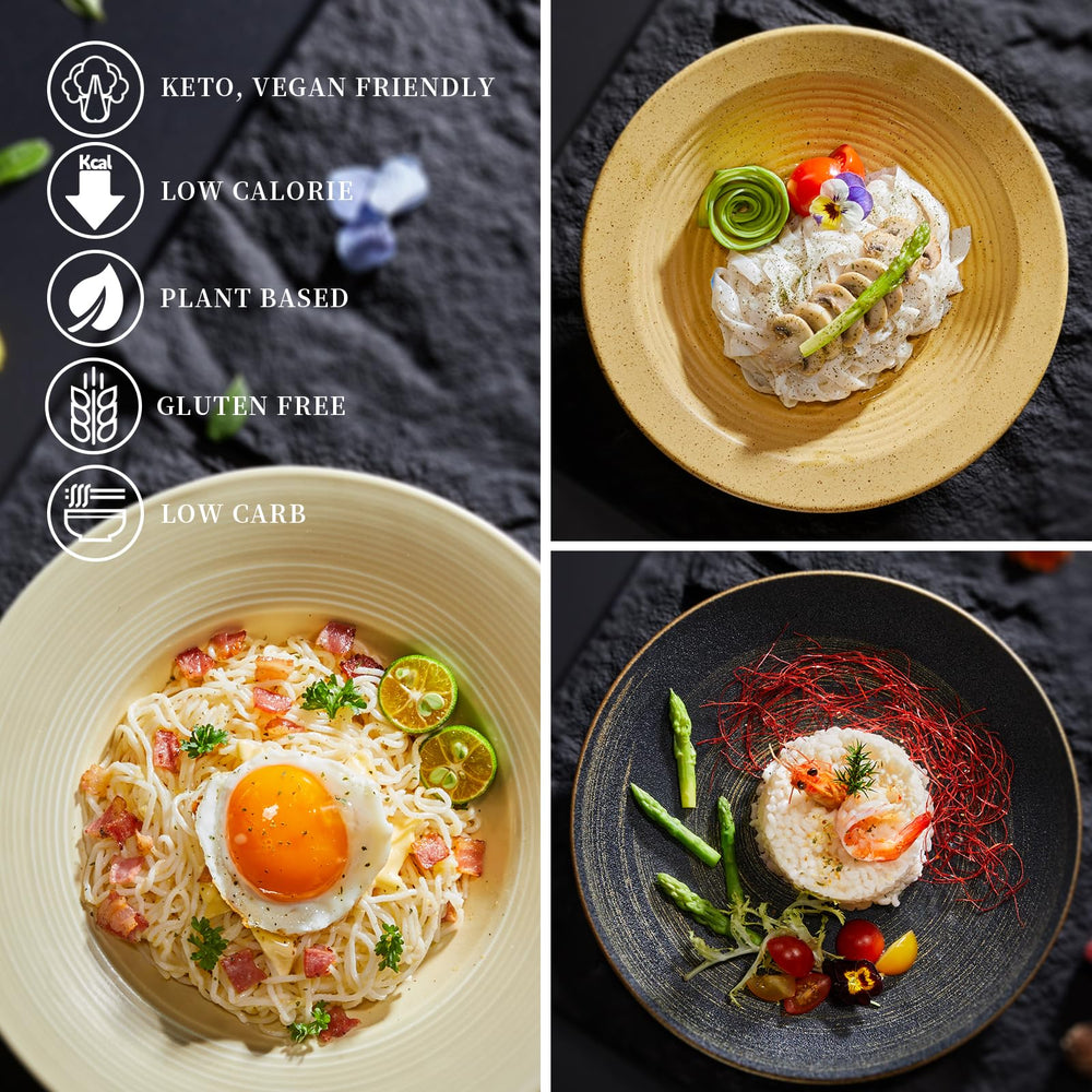 YUHO Konjac Noodles fettuccine dish ready for light or rich sauces.