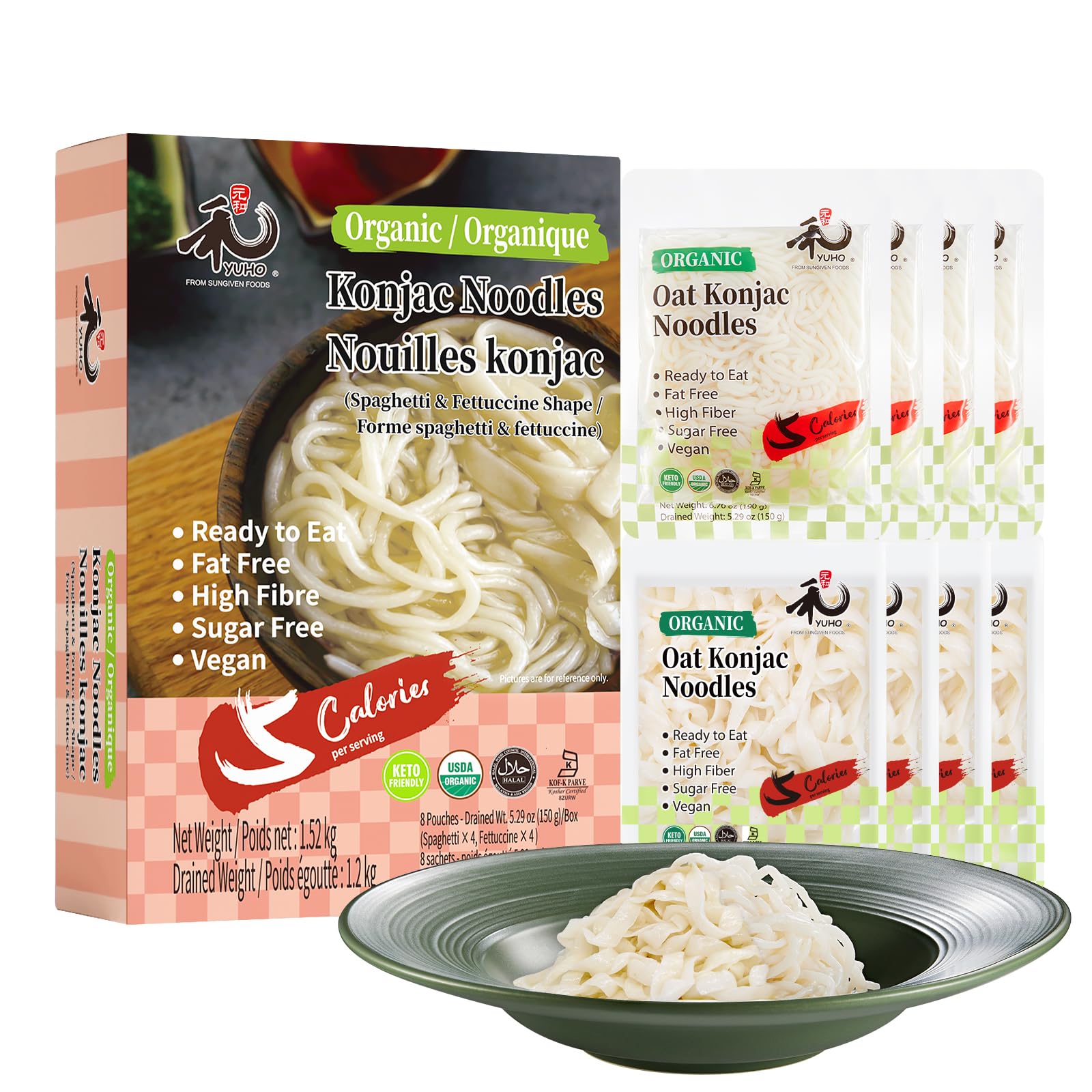 YUHO Konjac noodles spaghetti pack showing gluten-free, low calorie option.