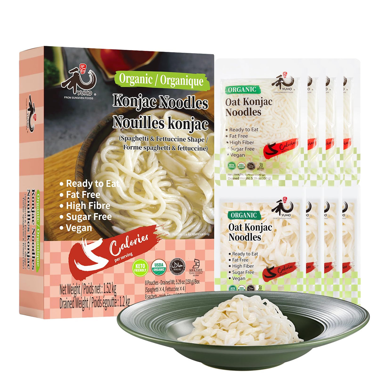 YUHO Konjac noodles spaghetti pack showing gluten-free, low calorie option.