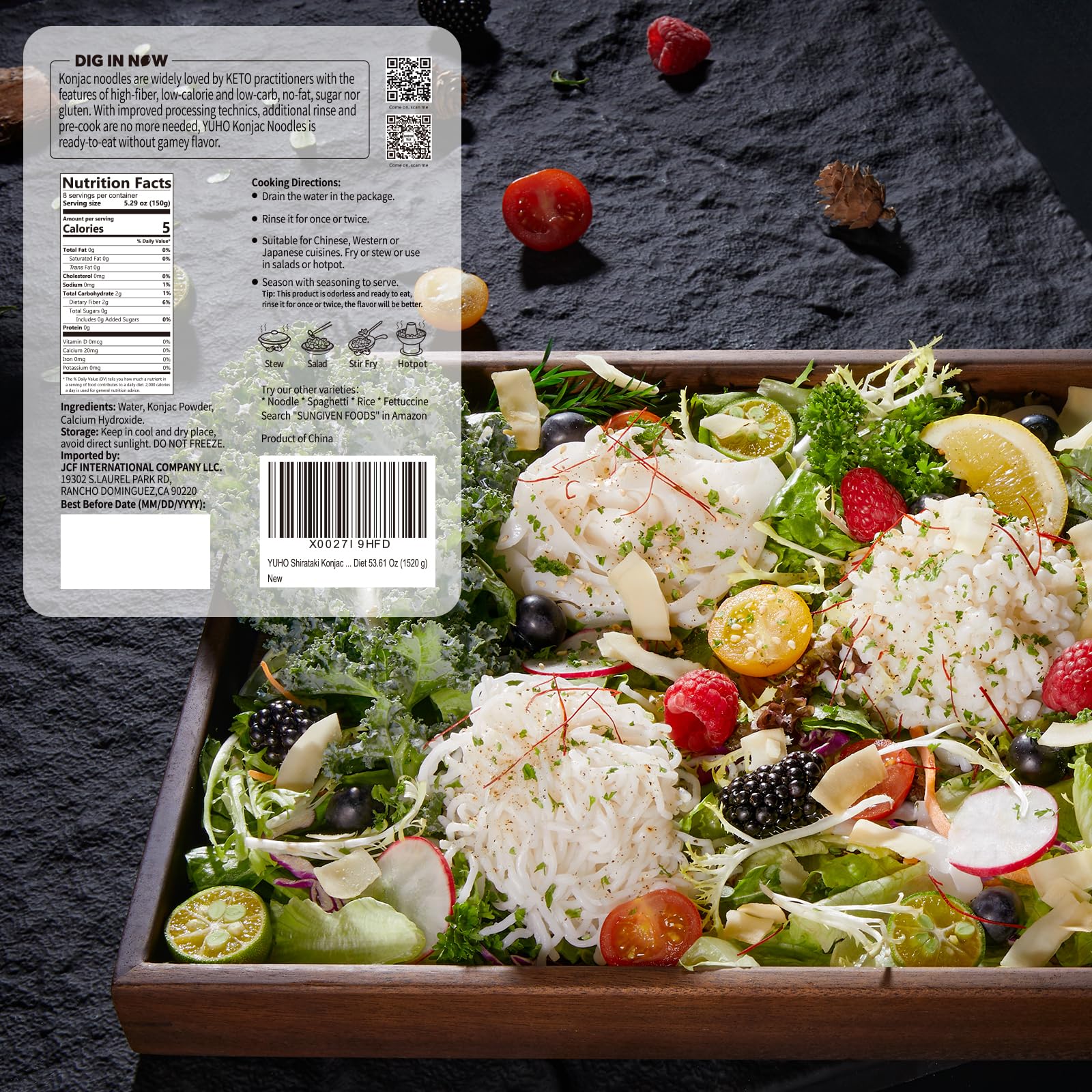 YUHO Konjac Noodles spaghetti plate, low-carb meal base for sauces.