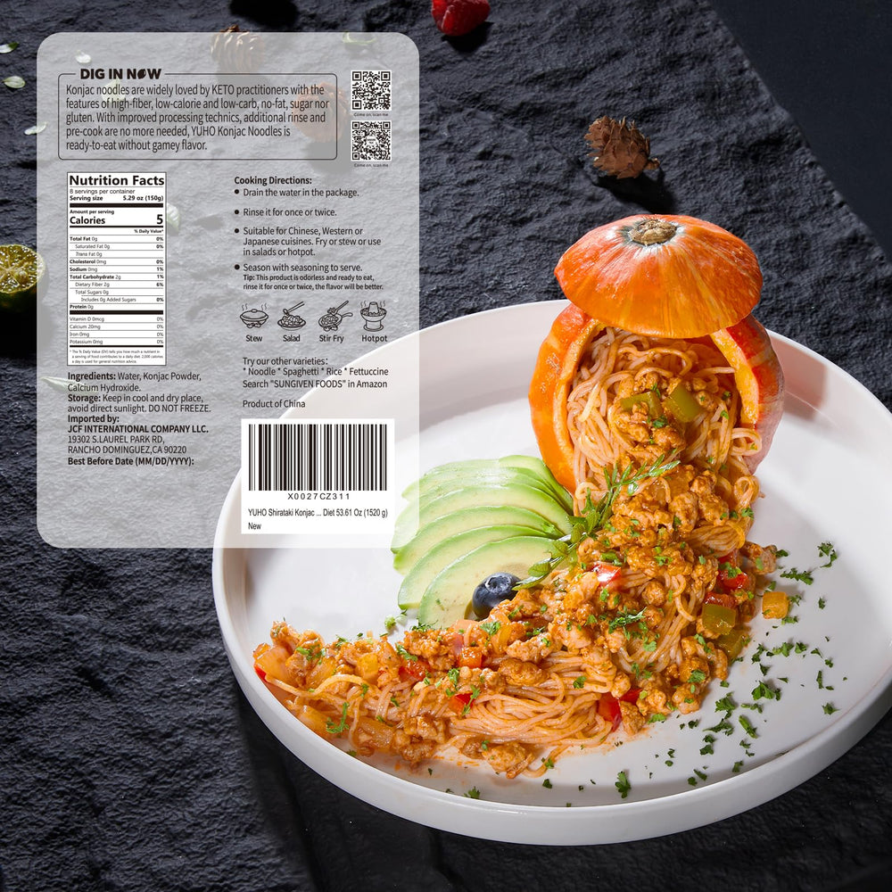 YUHO Konjac noodles uncooked tub packaging highlights ultra-low calories for light lunches.