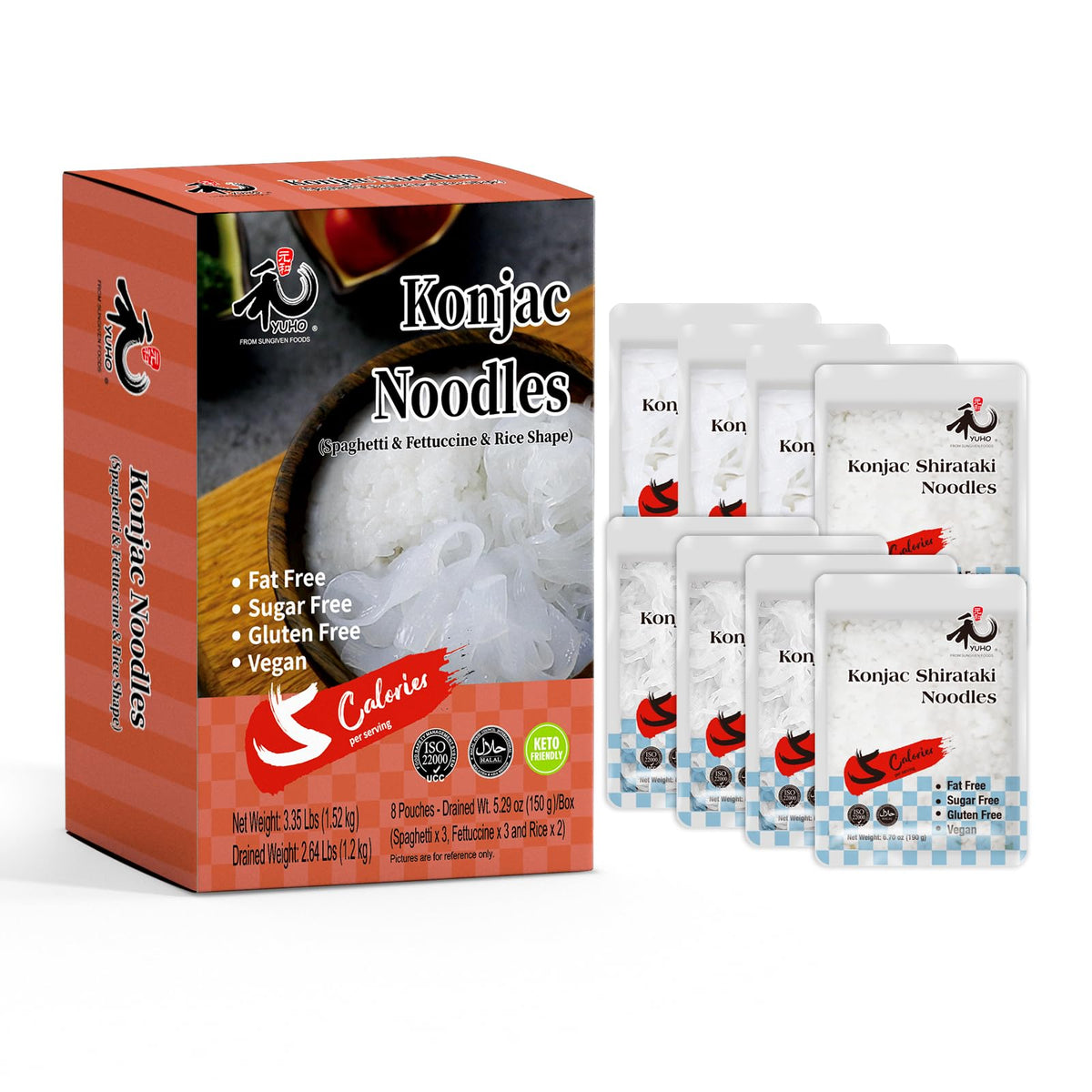 YUHO Konjac Noodles Variety Pack front view, gluten-free and keto-friendly.