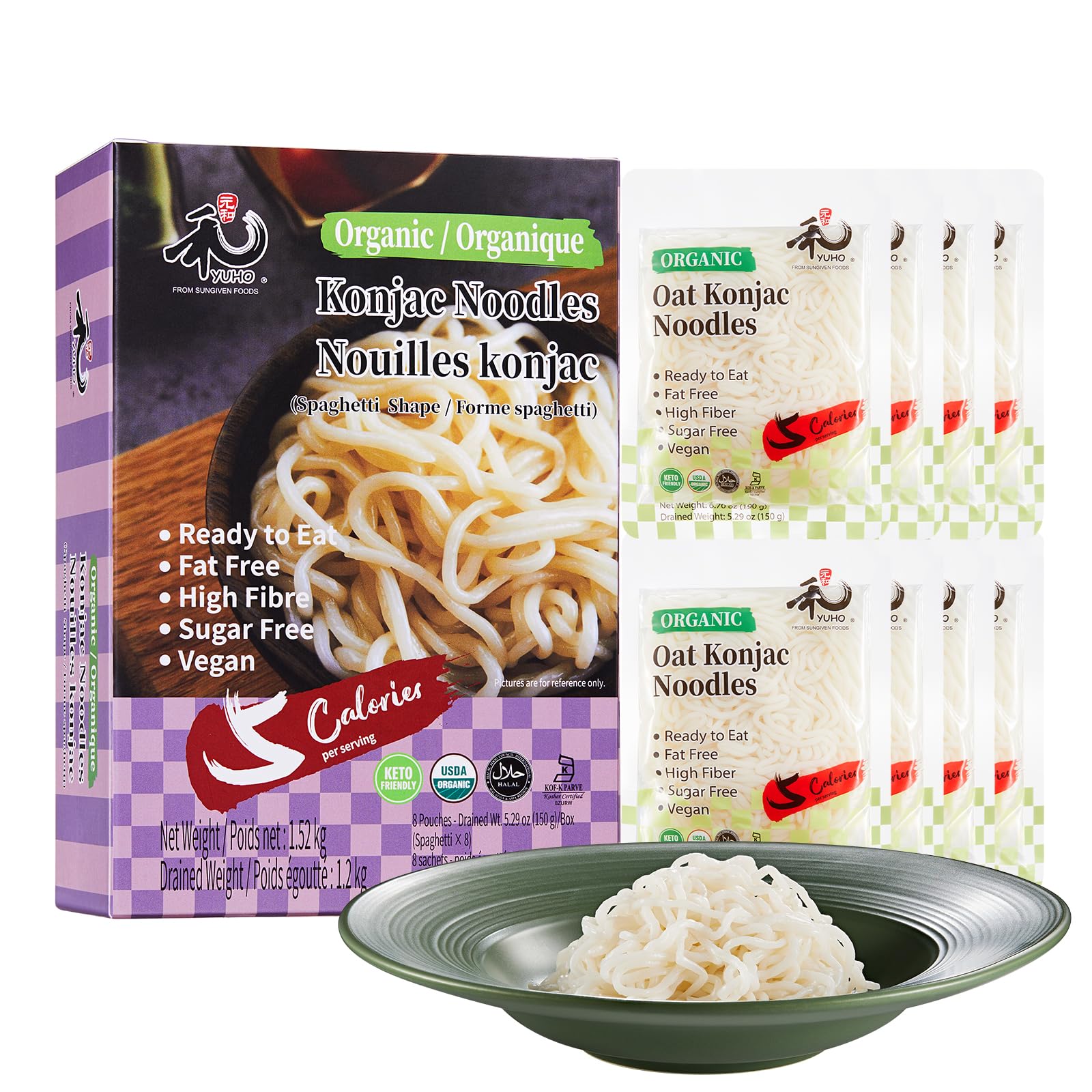 YUHO Konjac spaghetti noodles 8-pack ready-to-eat for quick meals.