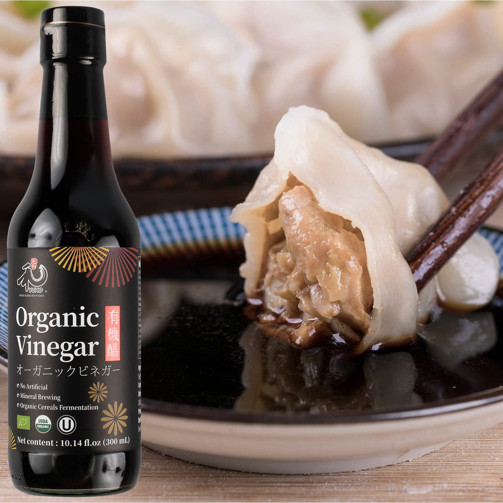 YUHO Organic Black Vinegar label emphasizes organic and additive-free quality.