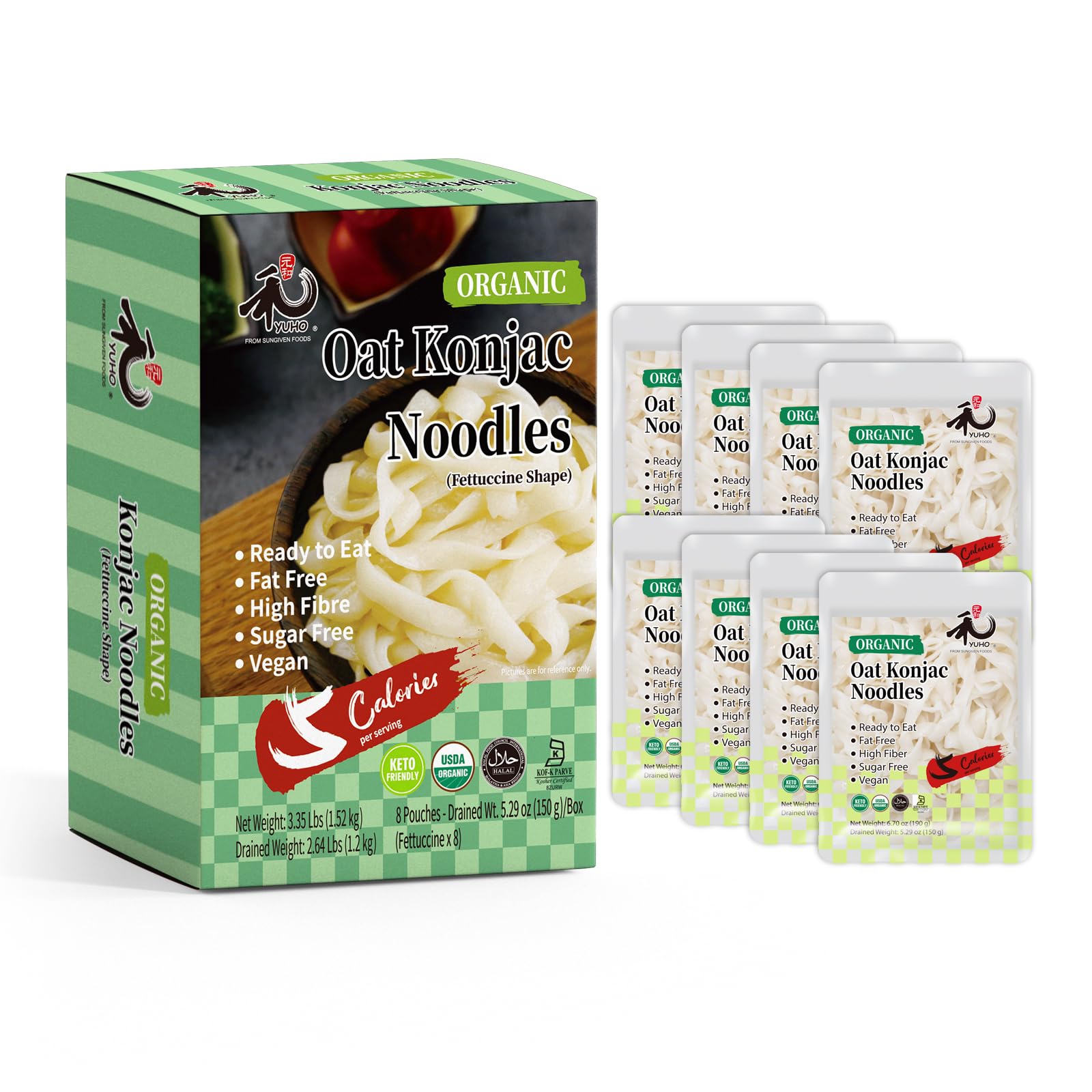 YUHO Organic Konjac Shirataki Noodles Fettuccine pack on shelf, low-calorie vegan option.