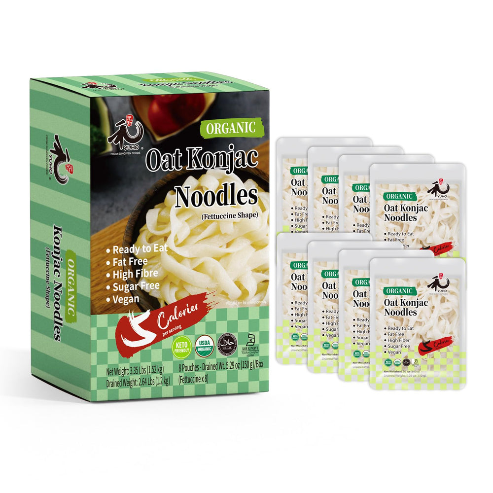 YUHO Organic Konjac Shirataki Noodles Fettuccine pack on shelf, low-calorie vegan option.