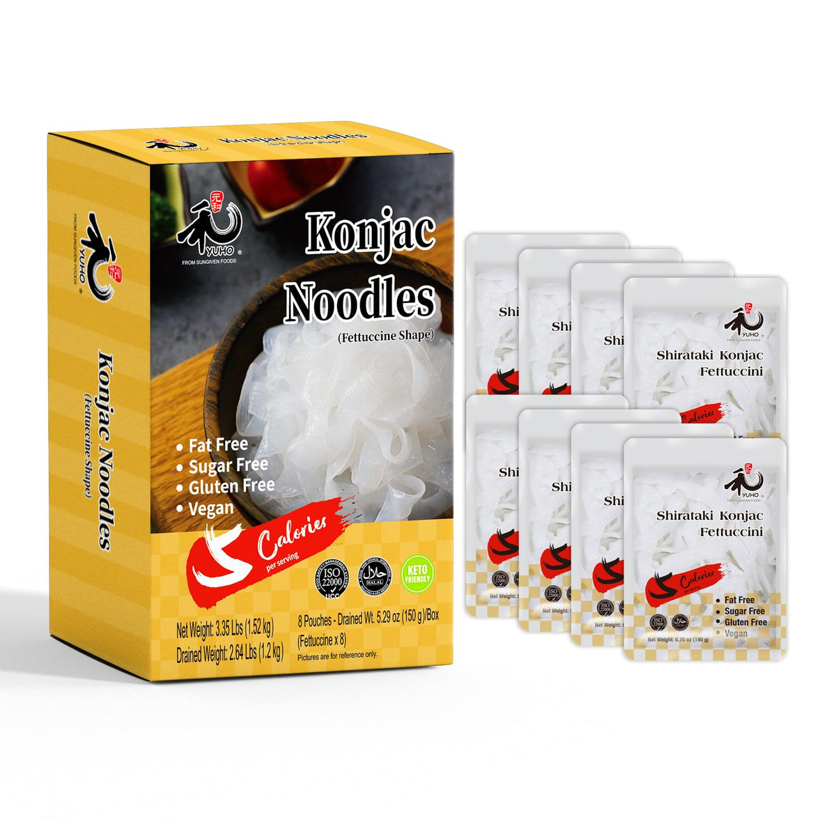 YUHO Shirataki Konjac Noodles pack shows a low-calorie pasta option for weeknight meals