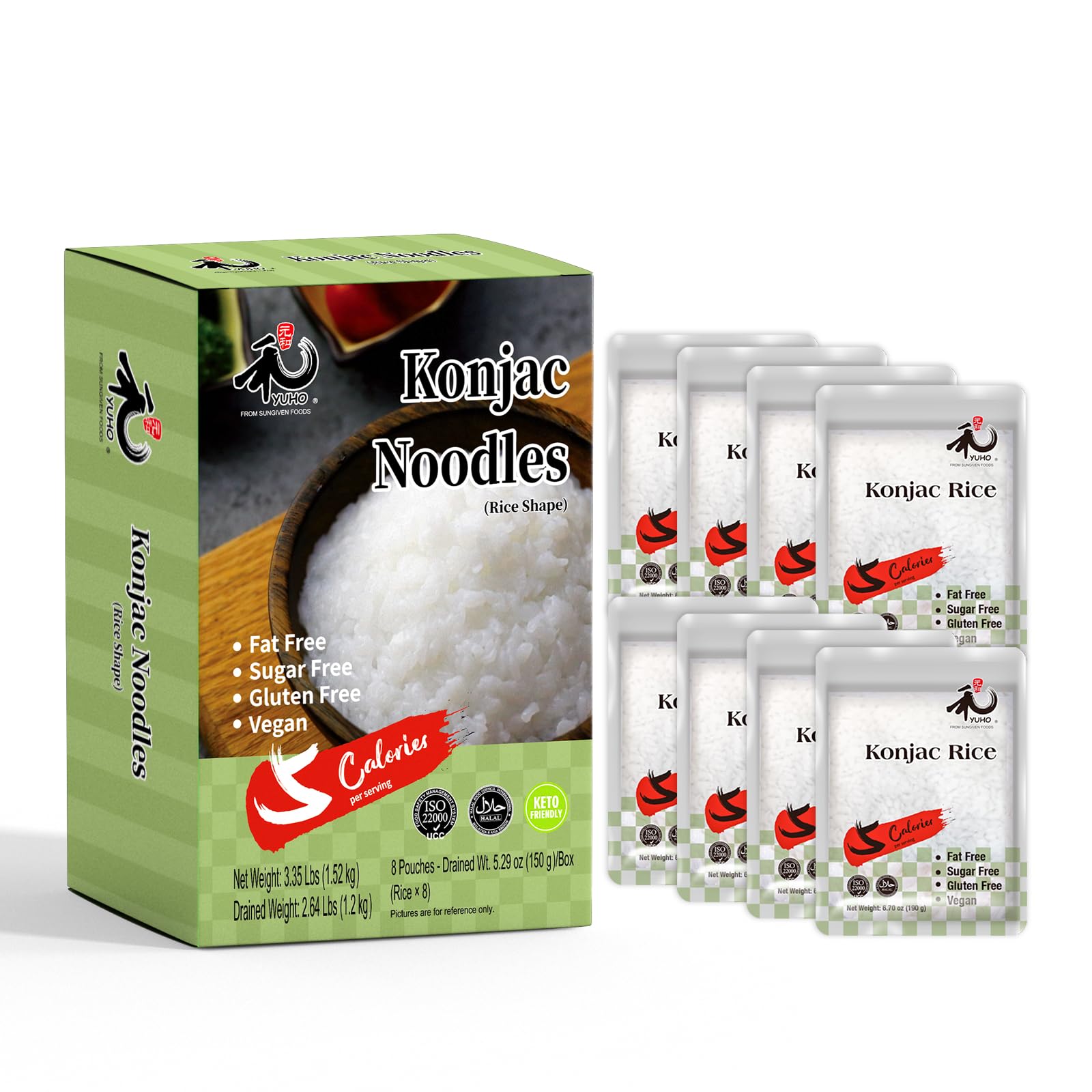 YUHO Shirataki Konjac noodles pack showing gluten‑free, low‑calorie base for meals